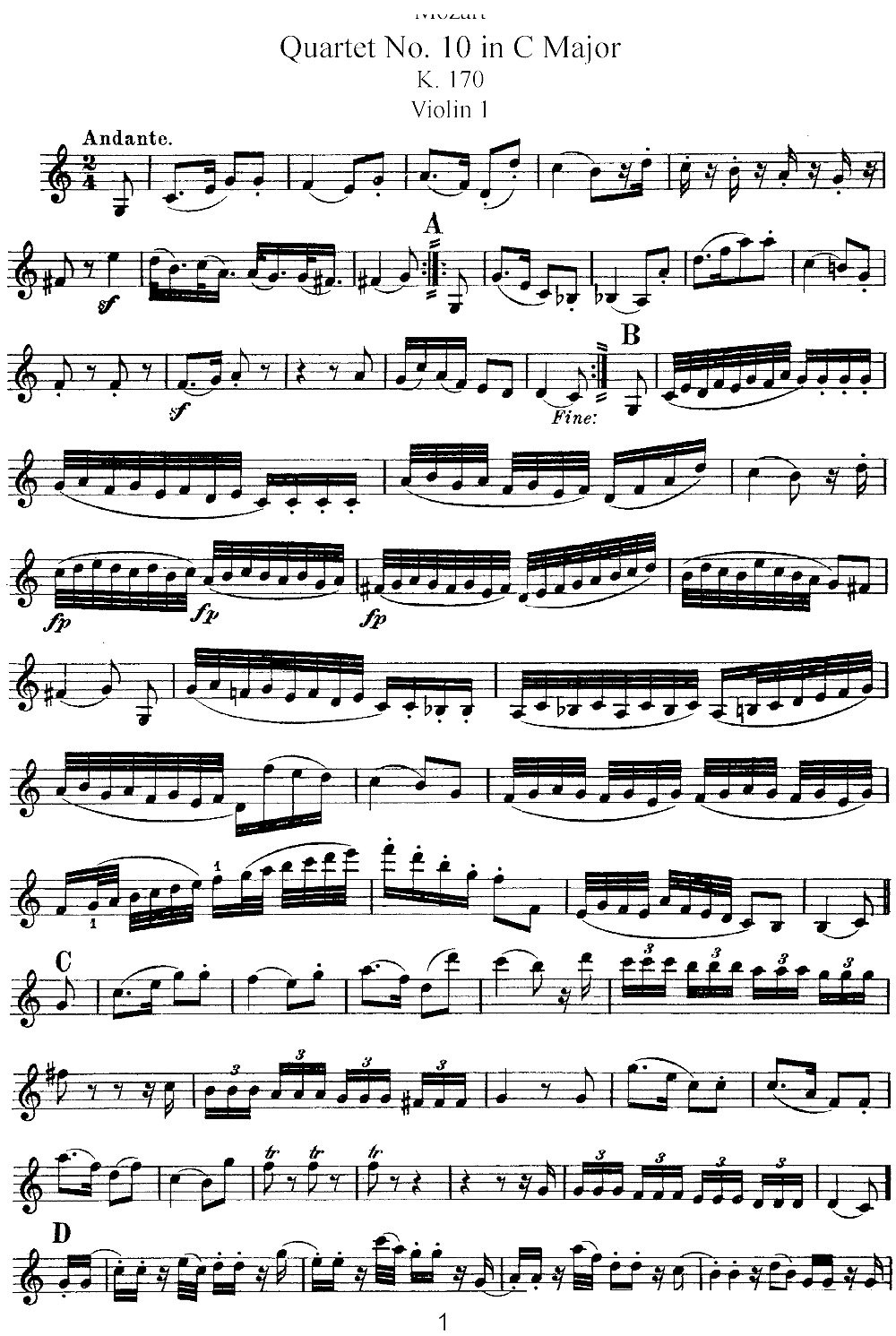 Mozart Quartet No 10 in C Major K 170 Violin 1(十字及以上)1
