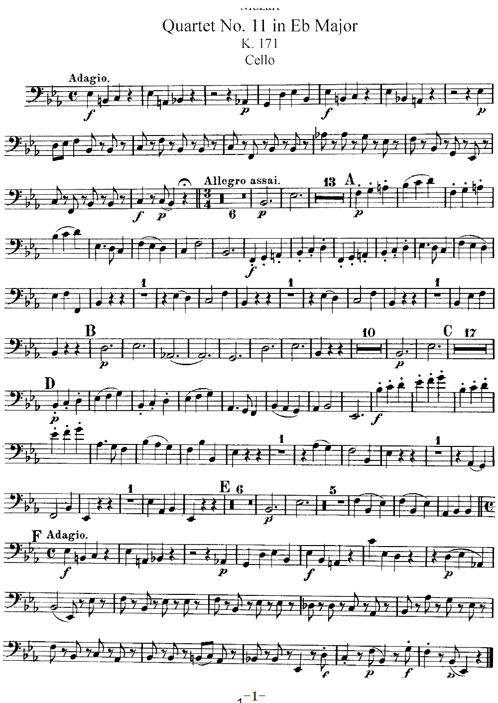 Mozart Quartet No 11 in Eb Major K 171 Cello(十字及以上)1