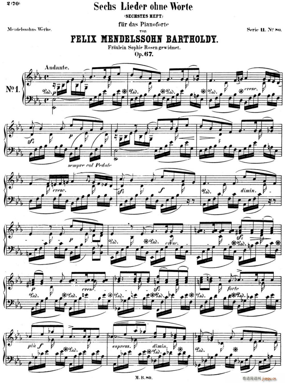 门德尔松无词歌Op 67 NO 1(十字及以上)1