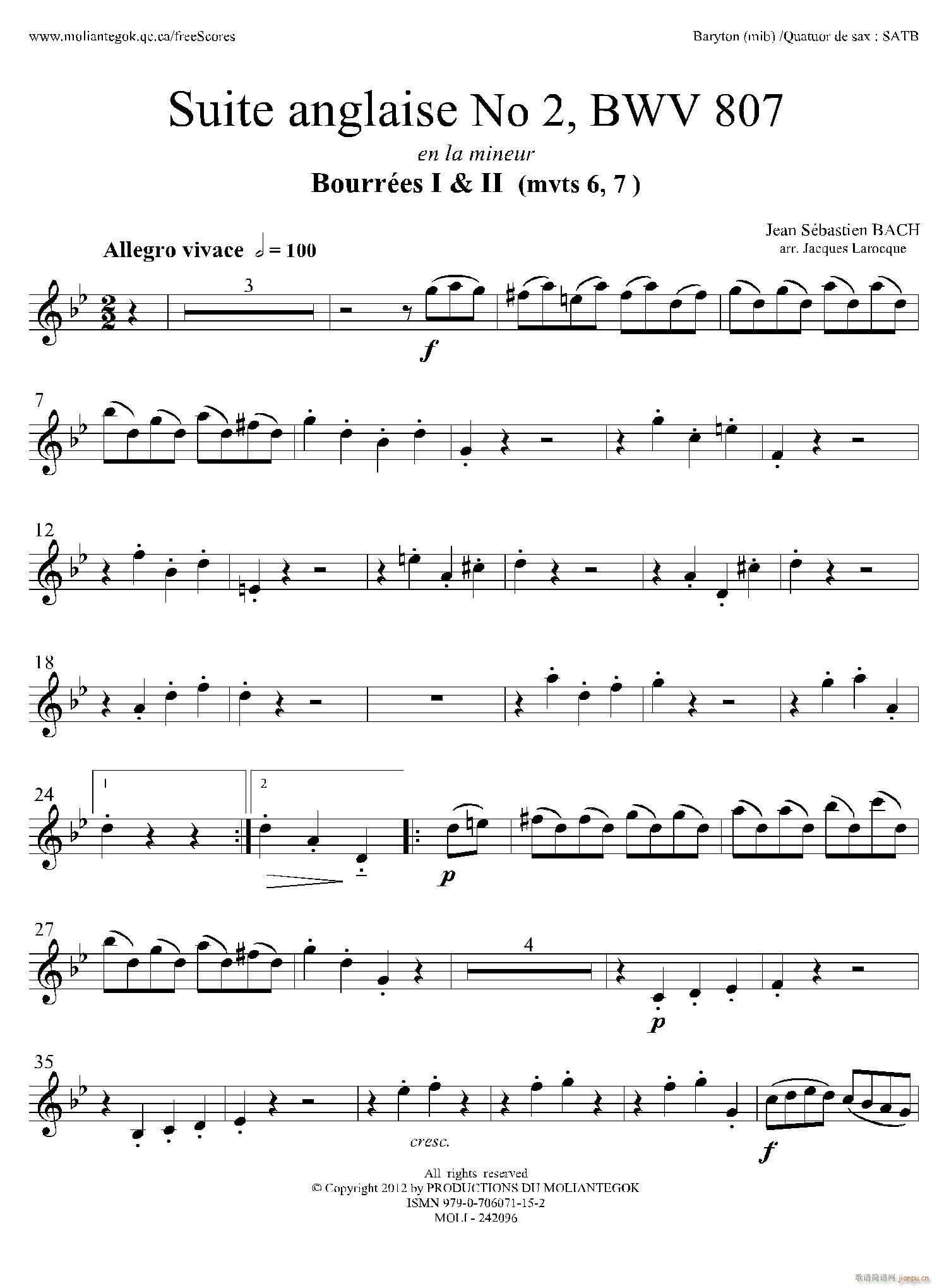 Suite anglaise No 2 BWV 807 法国组曲之二 布列舞曲 上低音萨克斯(十字及以上)1