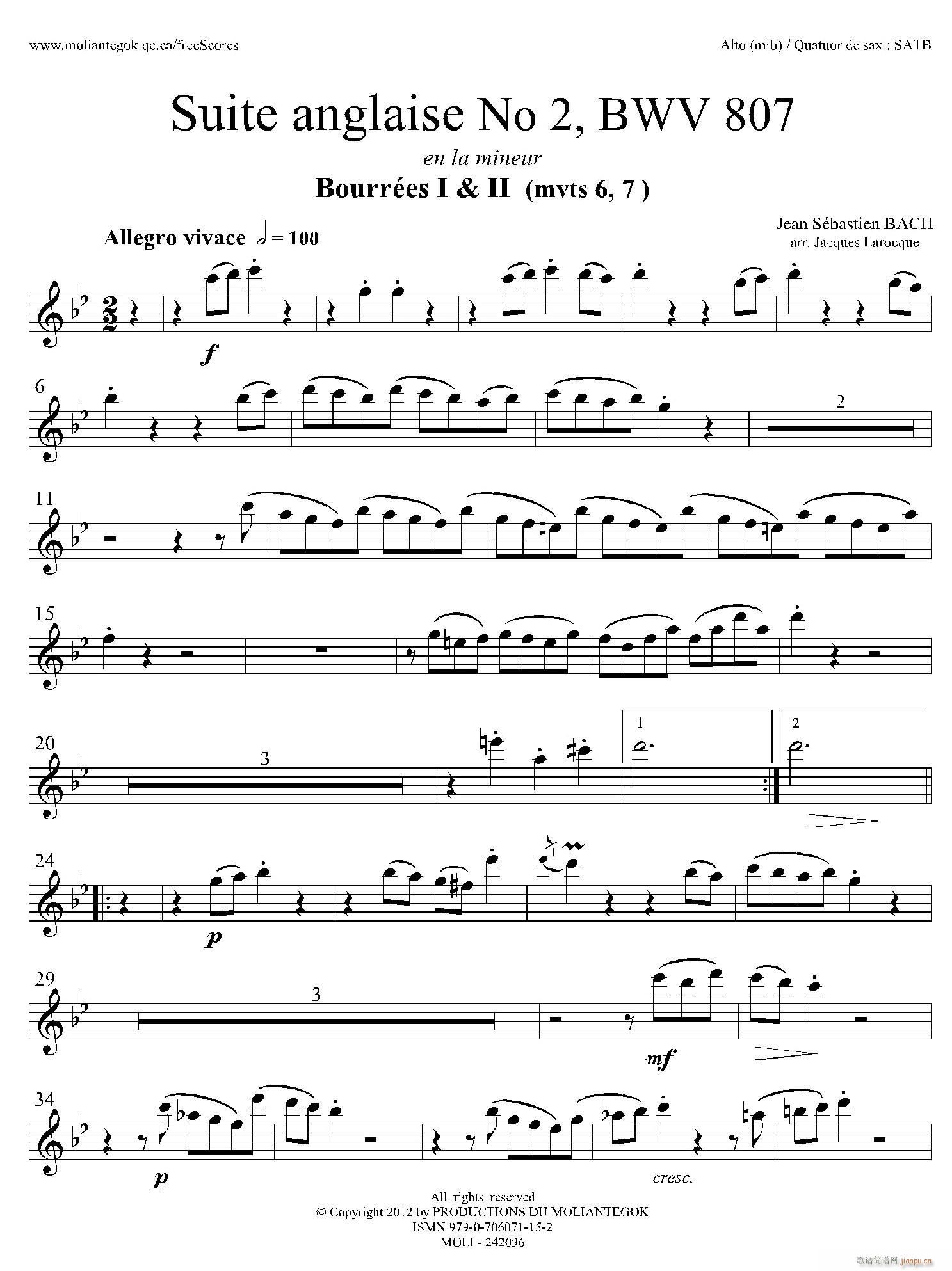 Suite anglaise No 2 BWV 807 法国组曲之二 布列舞曲 中音萨克斯(十字及以上)1