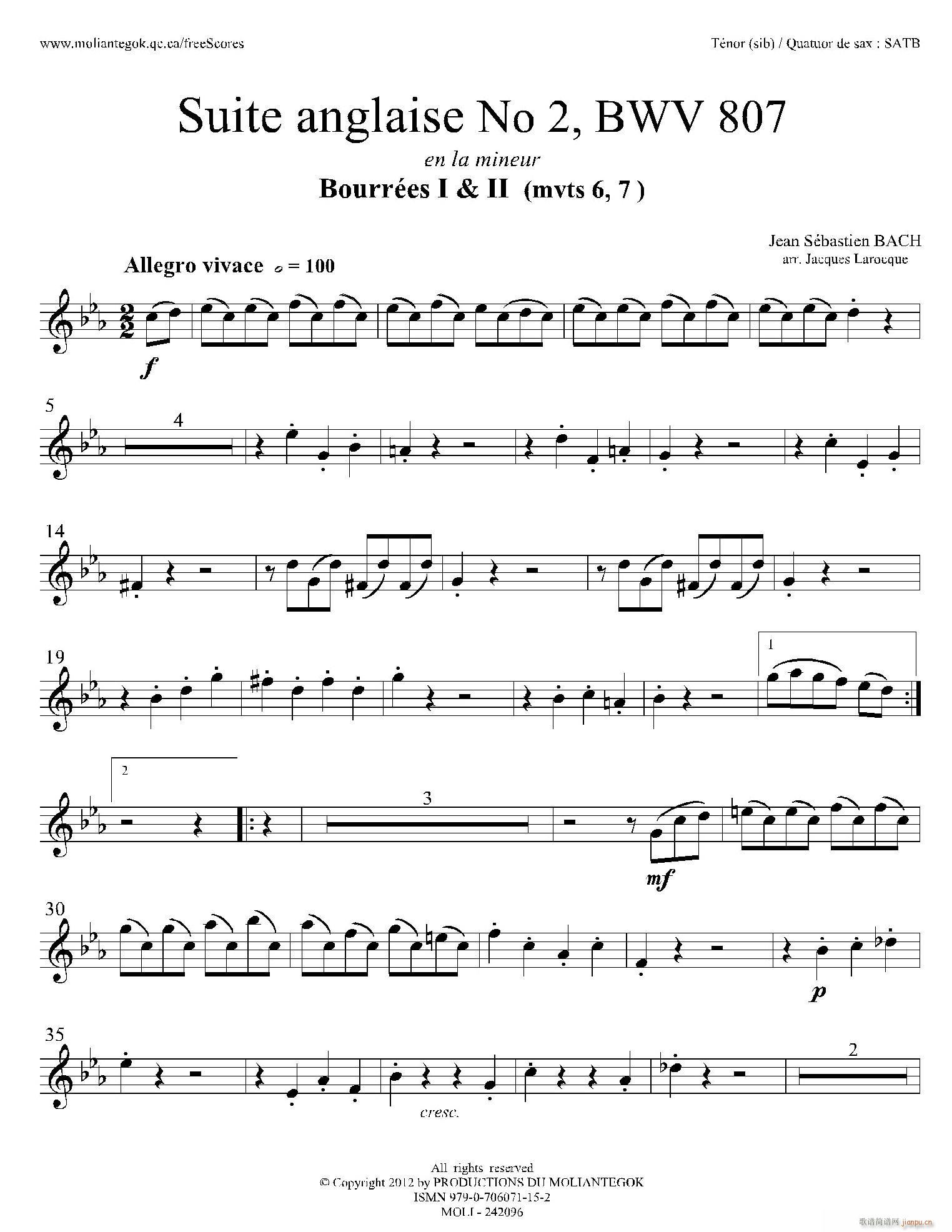 Suite anglaise No 2 BWV 807 法国组曲之二 布列舞曲 次中音萨克斯(十字及以上)1