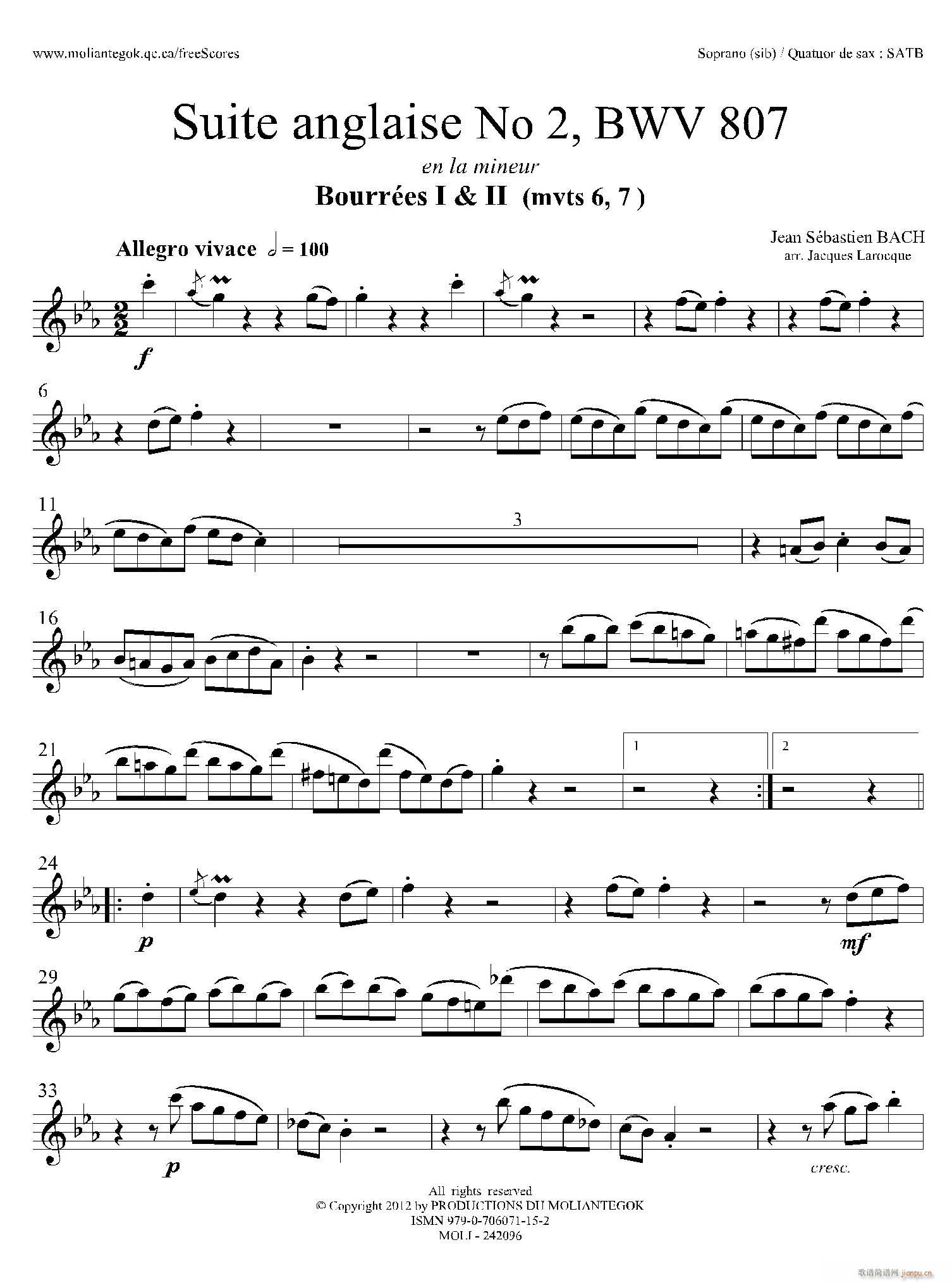 Suite anglaise No 2 BWV 807 法国组曲之二 布列舞曲 高音萨克斯(十字及以上)1