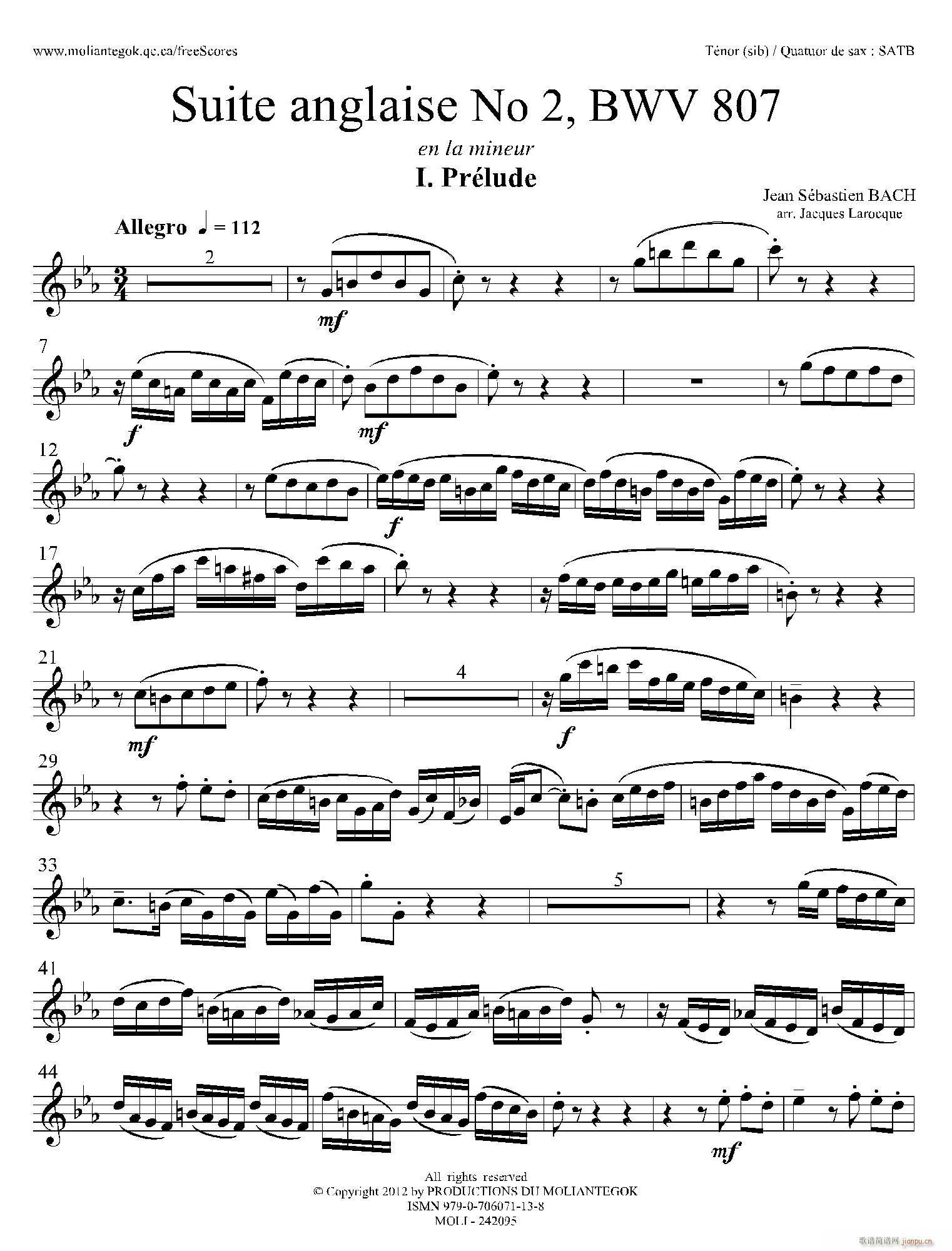 Suite anglaise No 2 BWV 807 法国组曲之二 前奏曲 次中音萨克斯(十字及以上)1