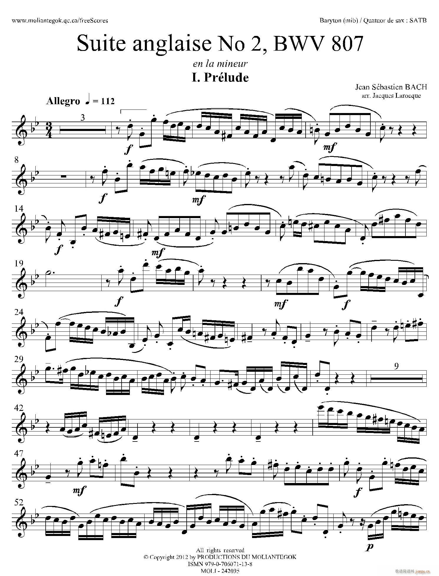 Suite anglaise No 2 BWV 807 法国组曲之二 前奏曲 上低音萨克斯(十字及以上)1