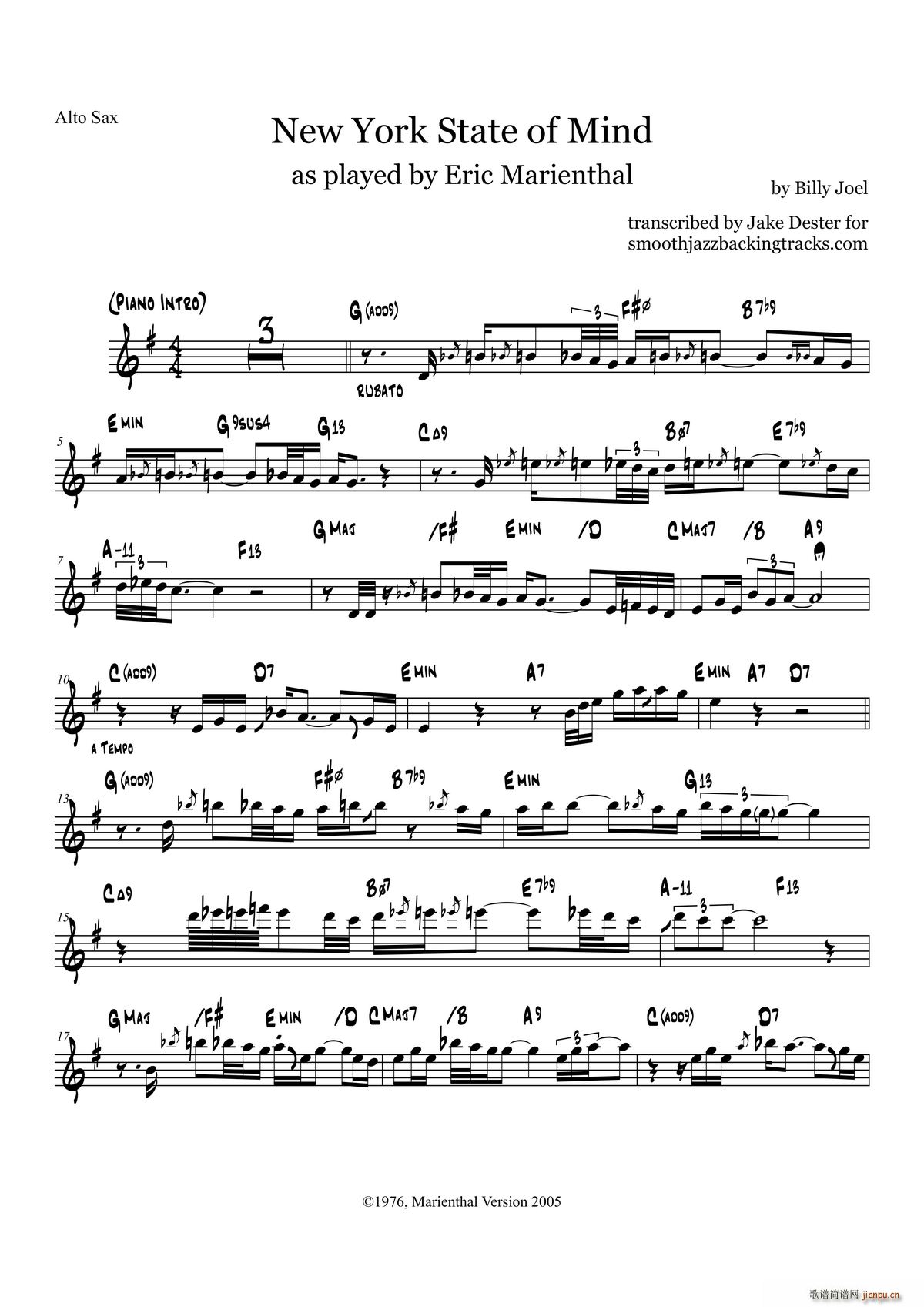 New York Stateof Mind 中音萨克斯(十字及以上)1