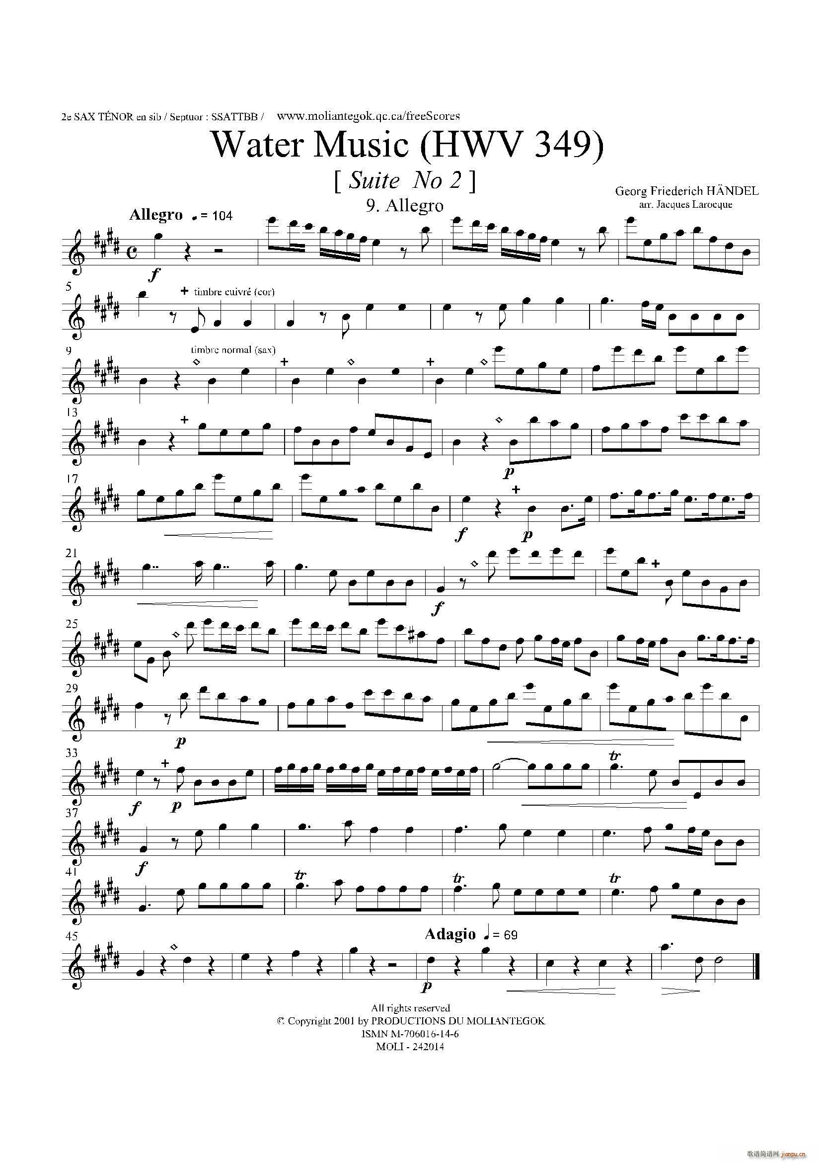 Water Music HWV 349 No 2 第二次中音萨克斯(十字及以上)1