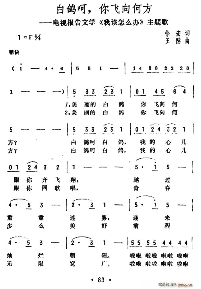 白鸽呵 你飞向何方 电视报告文学 我该怎么办 主题歌(十字及以上)1