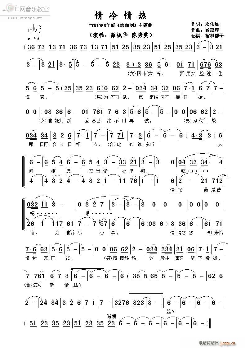 情冷情热 陈秀雯 碧血剑 主题曲(十字及以上)1