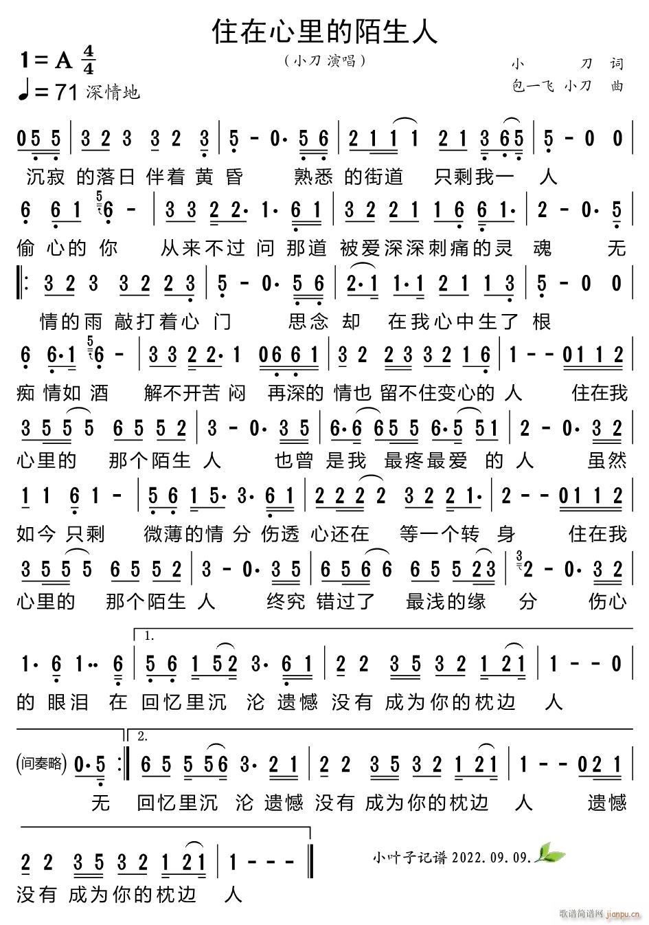 住在心里的陌生人(八字歌谱)1