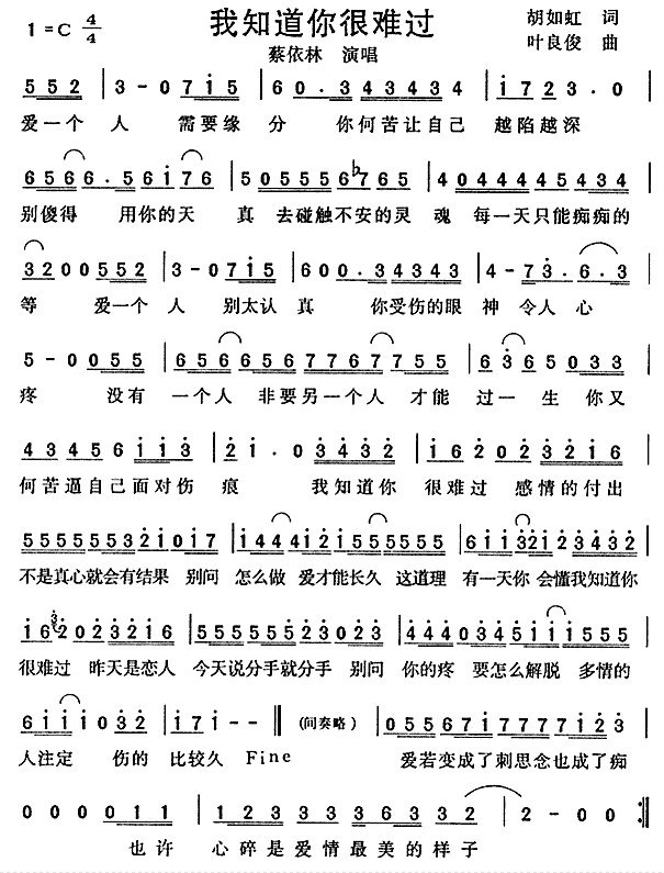 我知道你也很难过(八字歌谱)1