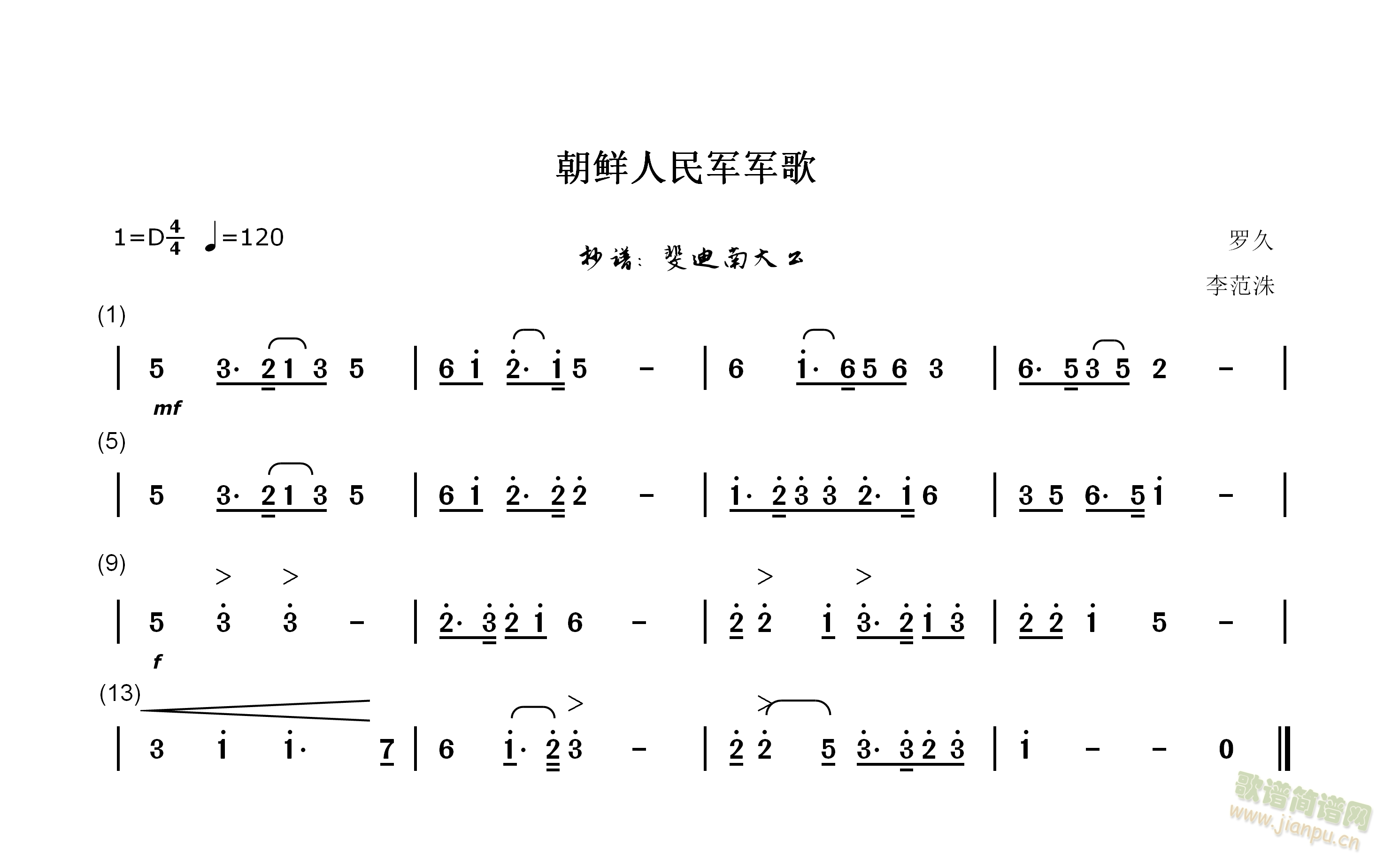朝鲜人民军军歌(七字歌谱)1
