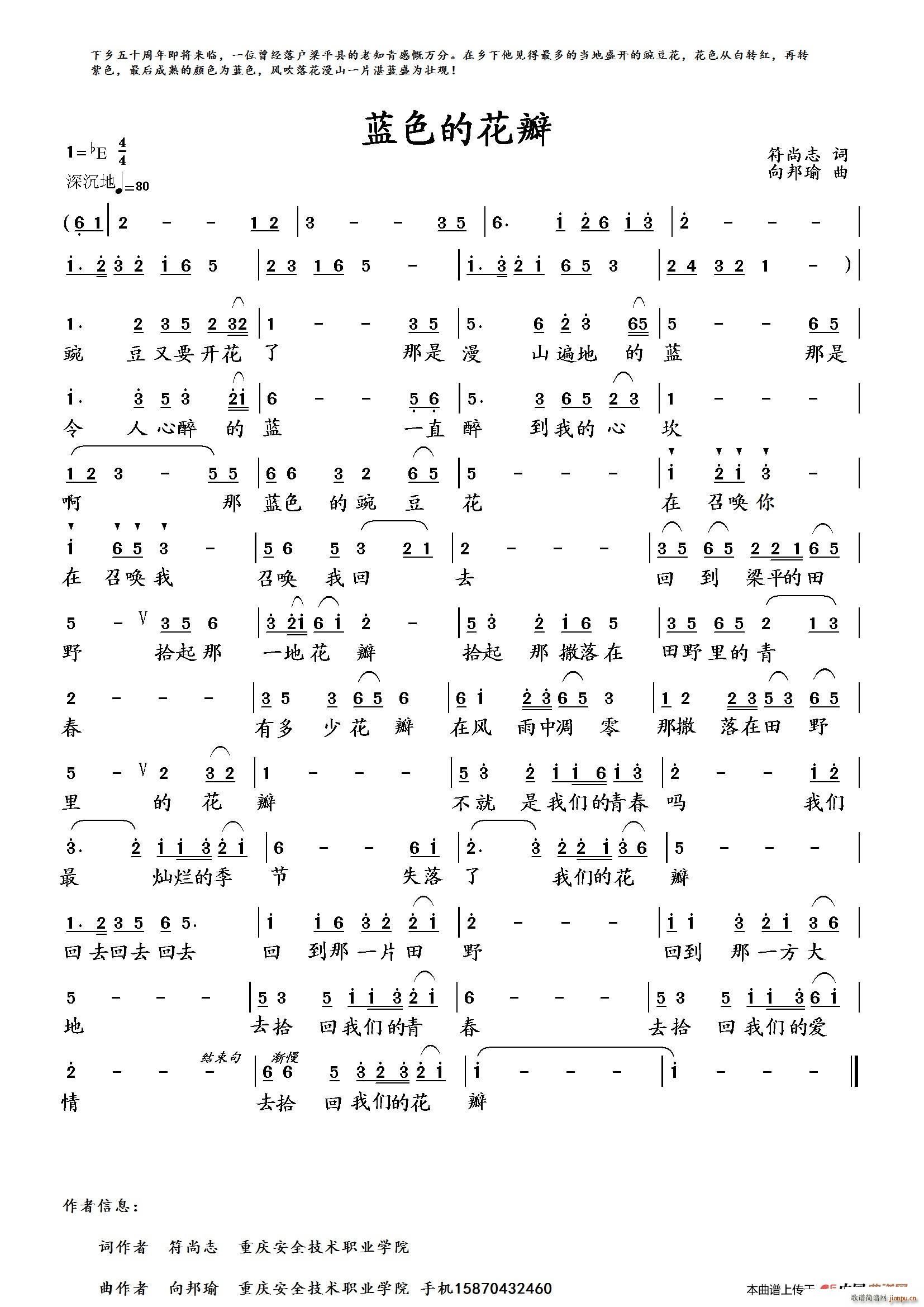 蓝色的花瓣(五字歌谱)1