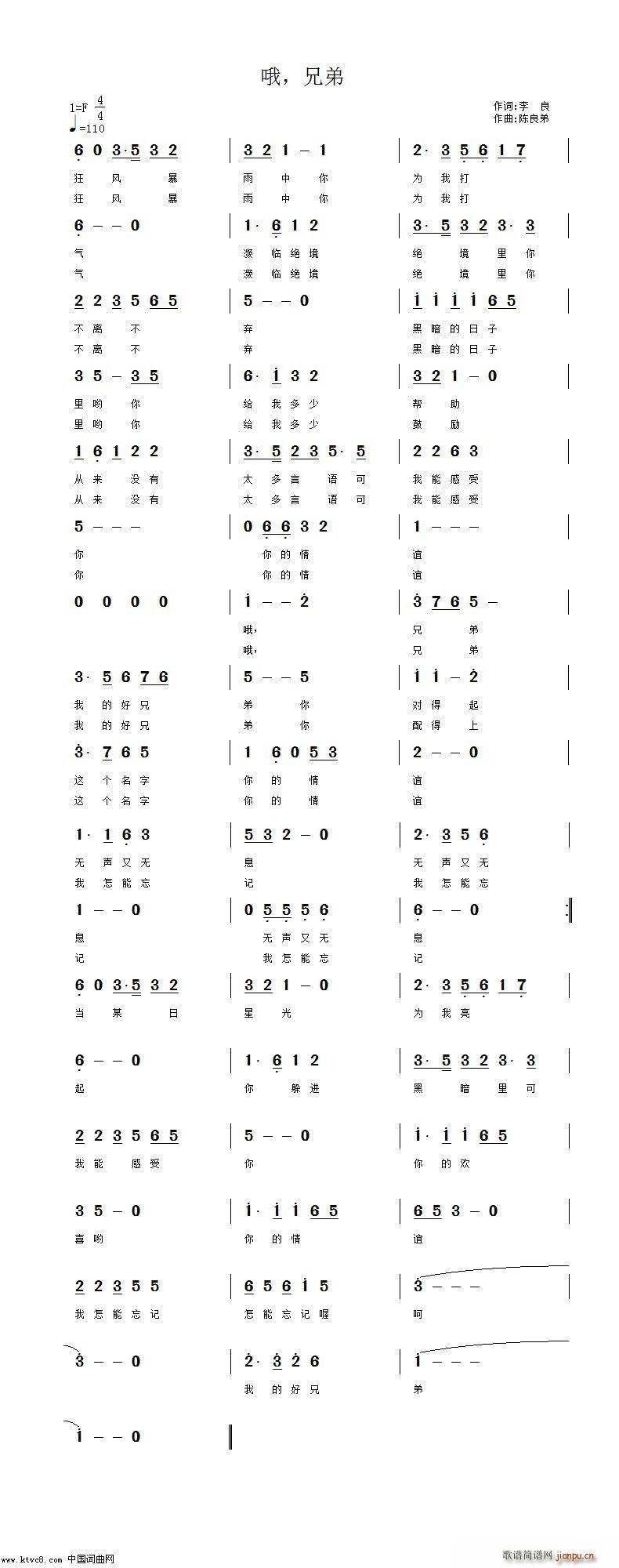 哦 兄弟(四字歌谱)1
