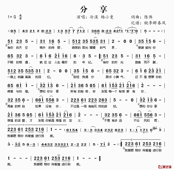分享简谱(歌词)_冷漠杨小曼演唱_谱友桃李醉春风上传