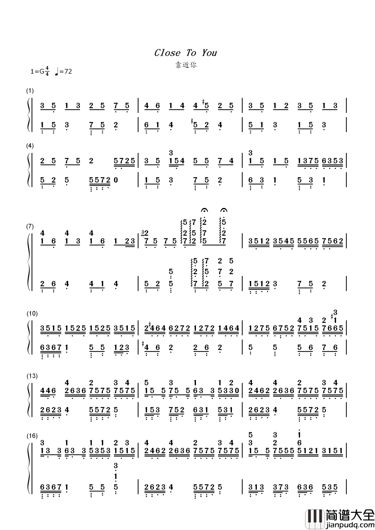 Close_To_You简谱__Cagnet__悠长假期插曲，Don’t_Worry,_Be_Happy