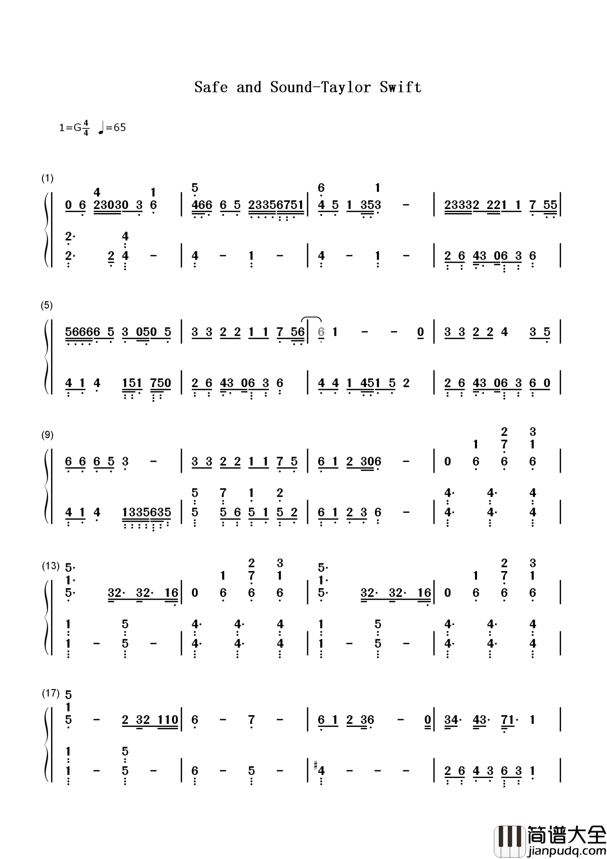 Safe_and_Sound简谱__Taylor_Swift__饥饿游戏的宣传曲,黎明就要来到,你我会安然无恙