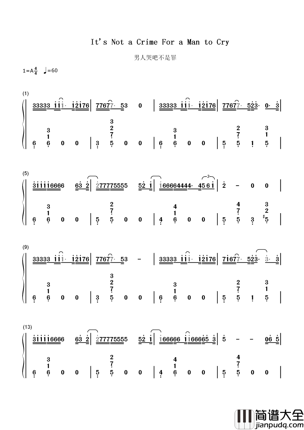 男人哭吧不是罪简谱__刘德华__尝尝阔别已久眼泪的滋味，原来你也会累。