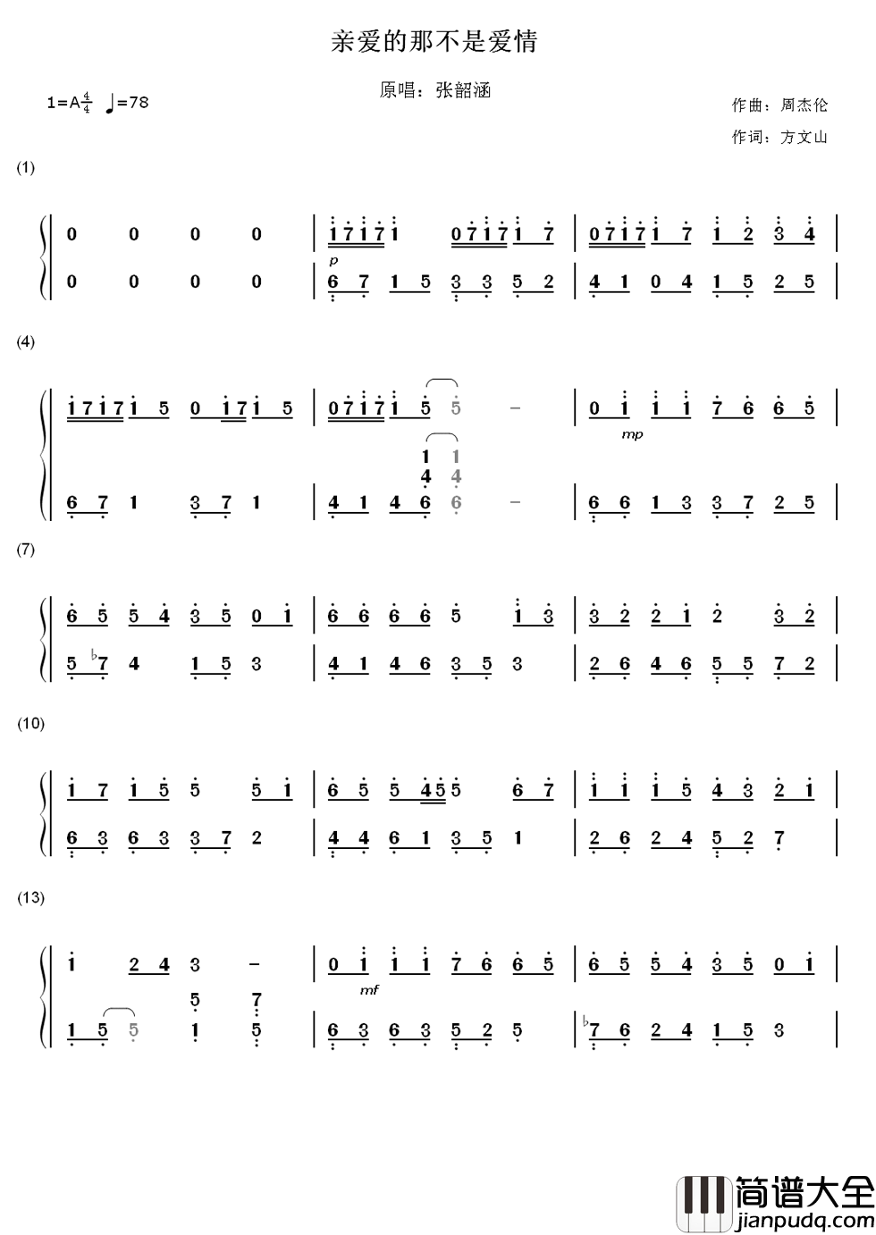 亲爱的那不是爱情简谱__张韶涵__倏忽十余载，梦里花再开