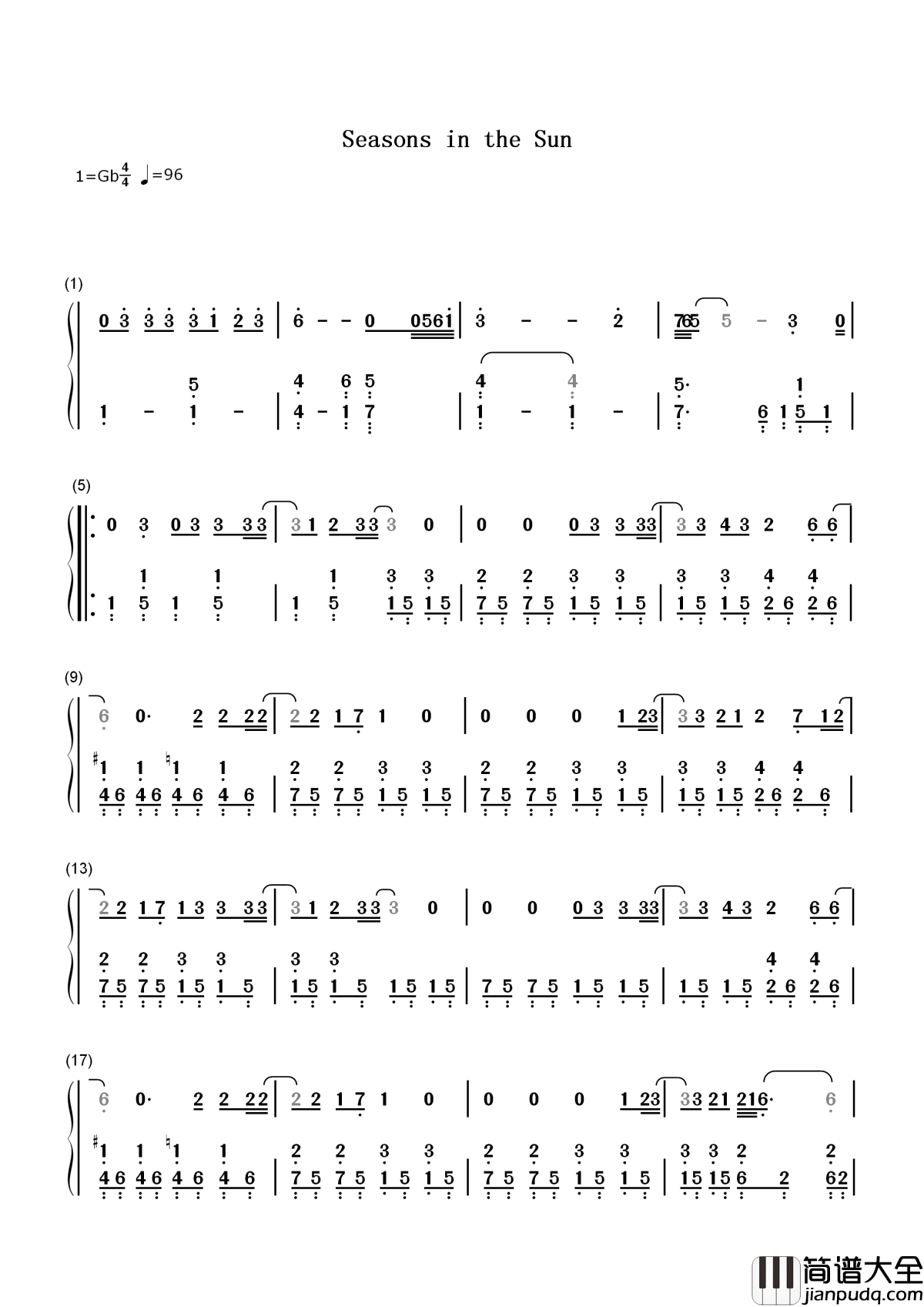 Seasons_in_the_Sun简谱__Westlife带你纪念年少时光，阳光下的季节，倏然而逝