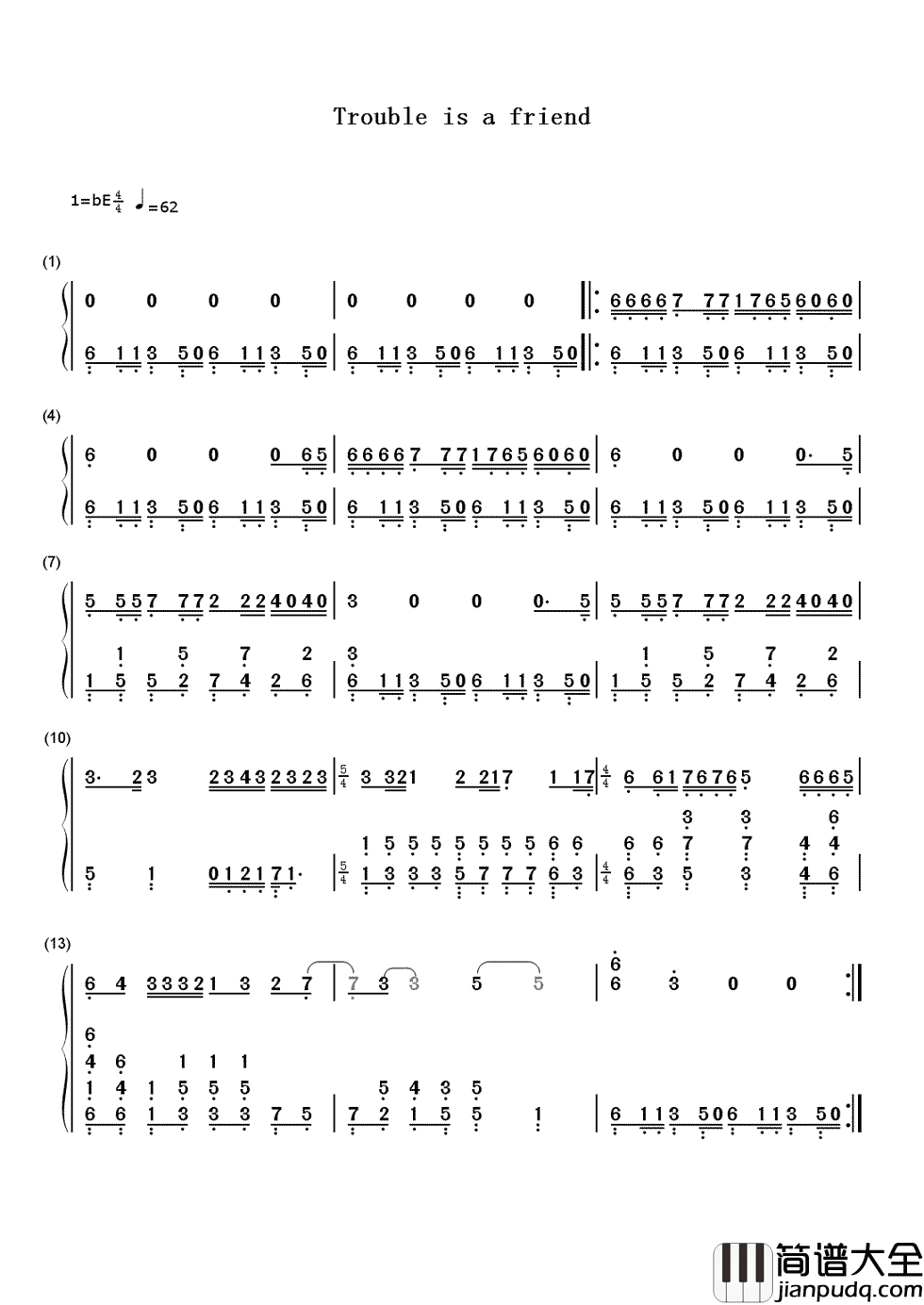 Trouble_is_a_friend简谱_Lenka_国语版的倍儿爽，天空飘来五个字，那都不事儿