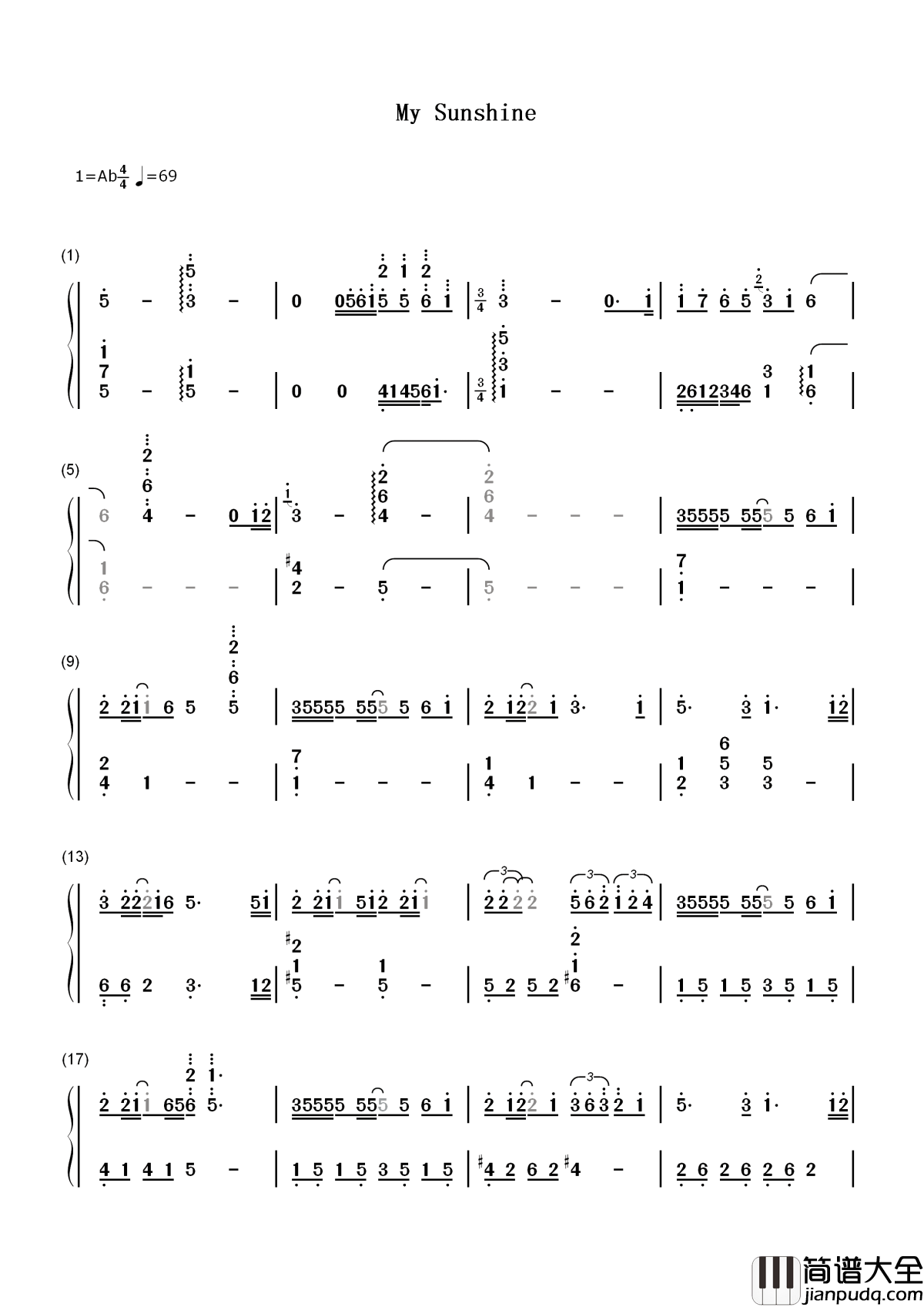 My_Sunshine简谱__张杰___答应我哪天走失了人海，一定站在最显眼路牌，等着我，一定会来