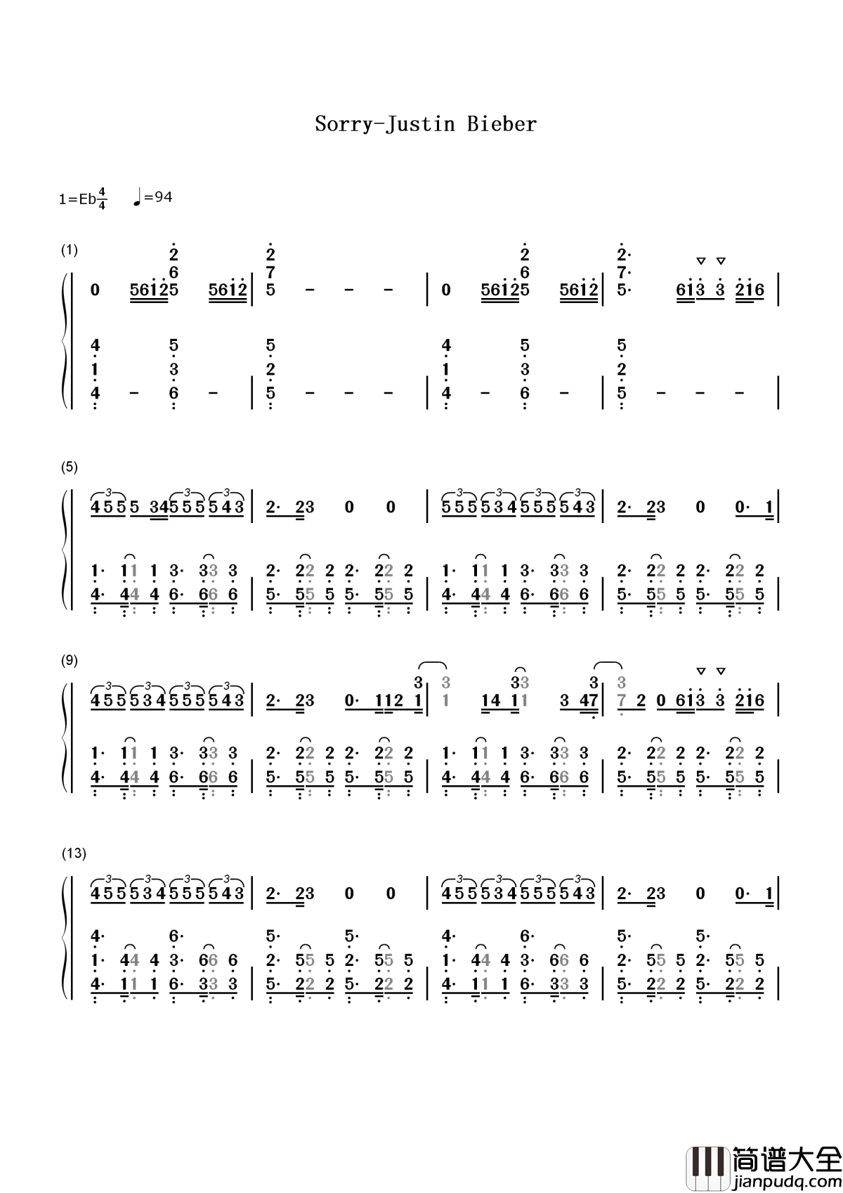Sorry简谱__Justin_Bieber你真的不用和任何人说Sorry