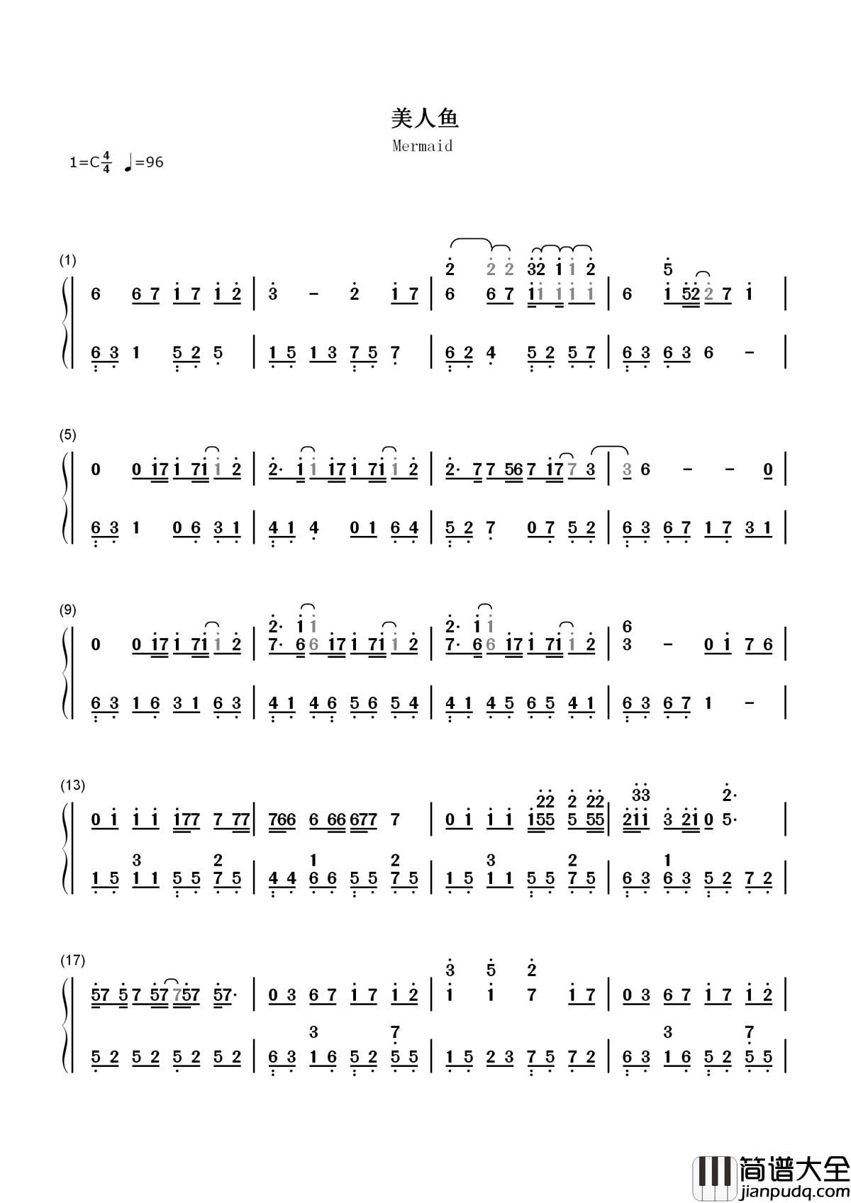 美人鱼简谱_林俊杰_我眼泪断了线我愿意化作雕像等你出现