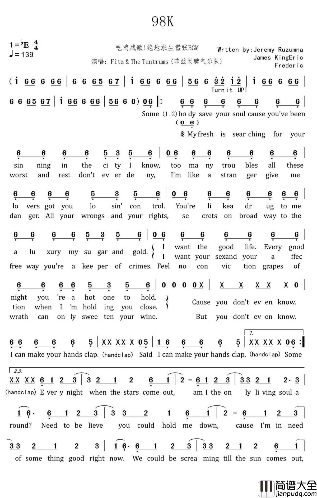 98k简谱_Fitz_and_The_Tantrums_吃鸡战歌，绝地求生嚣张BGM