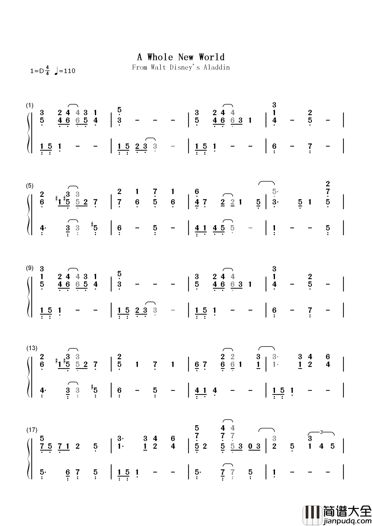 A_Whole_New_World（我们的新世界）简谱__Nick_Lachey_/Jessica_Simpson__迪斯尼动画电影阿拉丁的主题曲