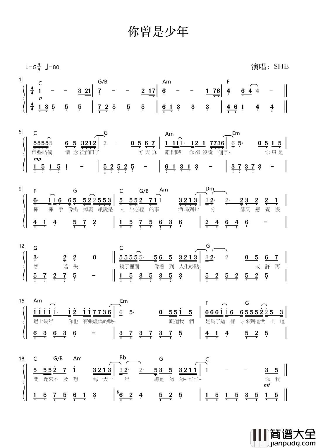 你曾是少年简谱_SHE：呐，你永远是我的少年