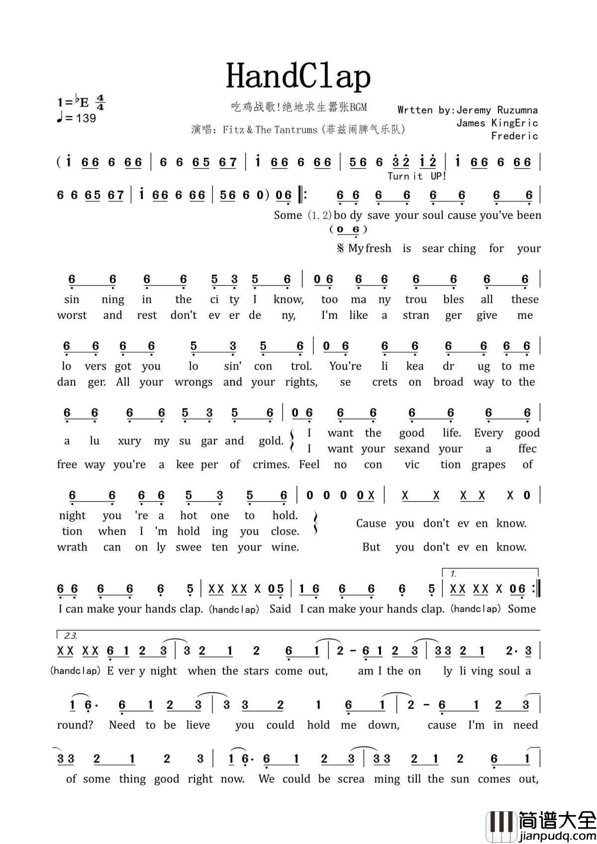 HandClap简谱_前奏一响就入坑了，这旋律太洗脑