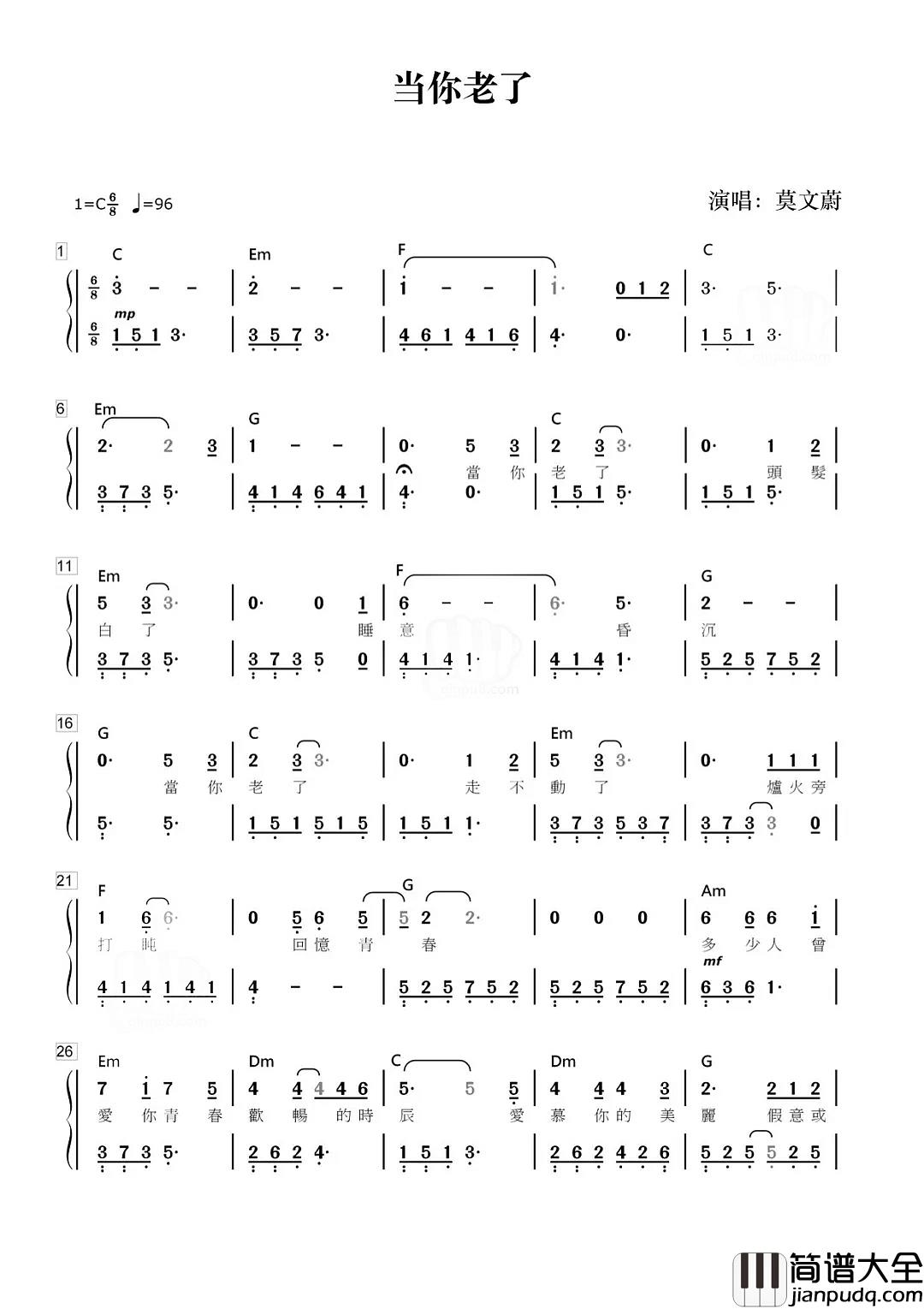 当你老了简谱_莫文蔚_我麻麻年轻时候真的好美