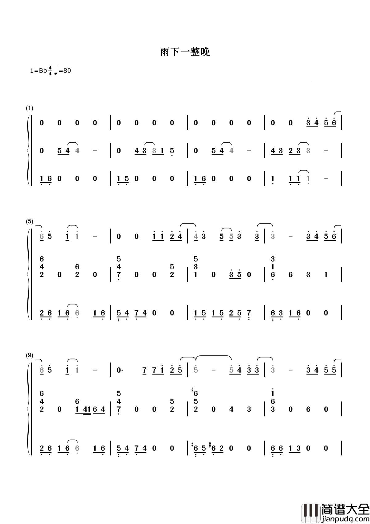 雨下一整晚简谱_周杰伦_原来我从未习惯，你已不在我身旁