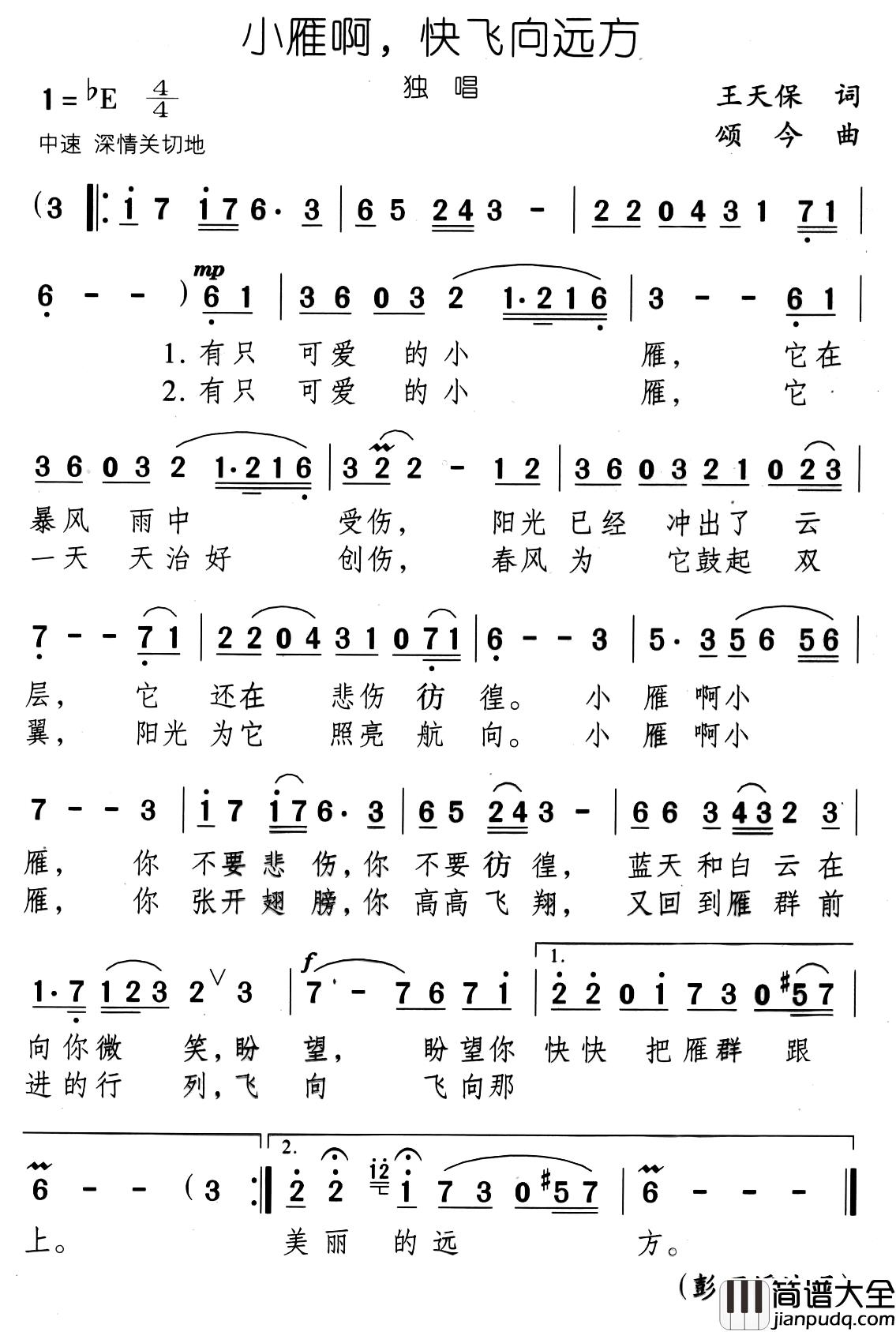 小雁啊，快飞向远方简谱_王天保词/颂今曲