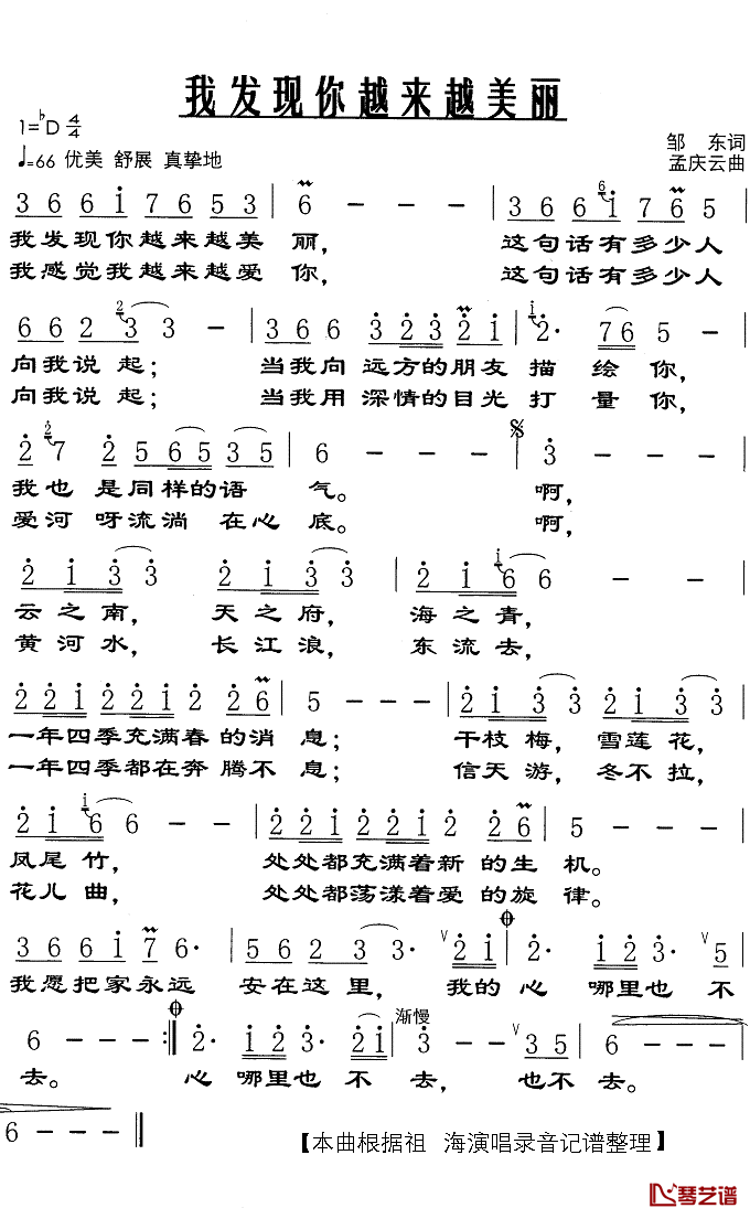 我发现你越来越美丽简谱(歌词)_祖海演唱_Z.E.Z.曲谱