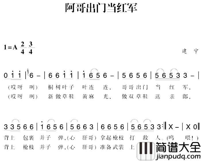赣南闽西红色歌曲:阿哥出门当红军简谱_
