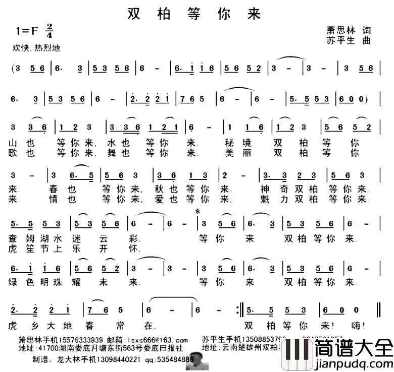双柏等你来_简谱_萧思林词/苏平生曲