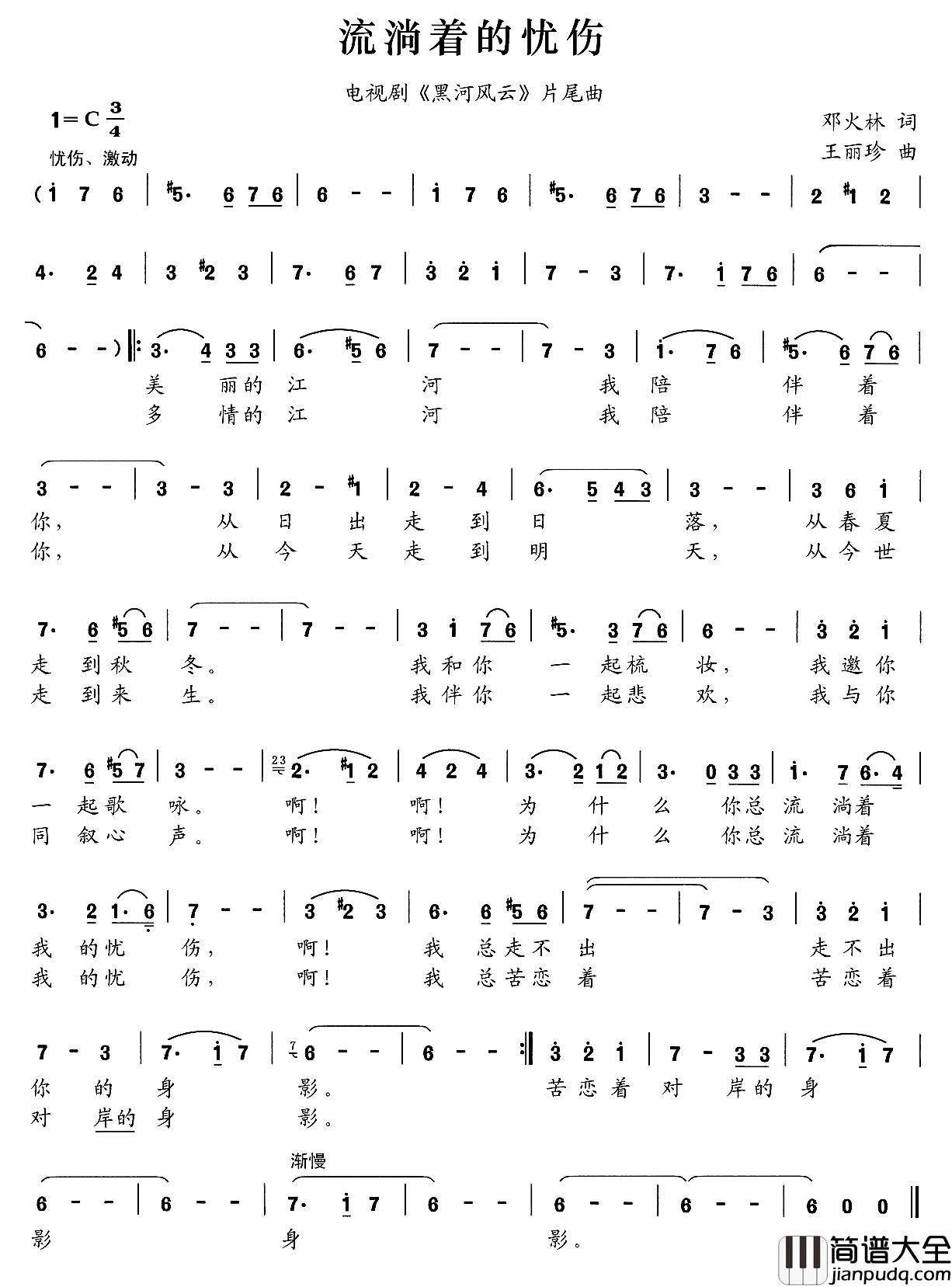 流淌着的忧伤简谱_电视剧_黑河风云_片尾曲
