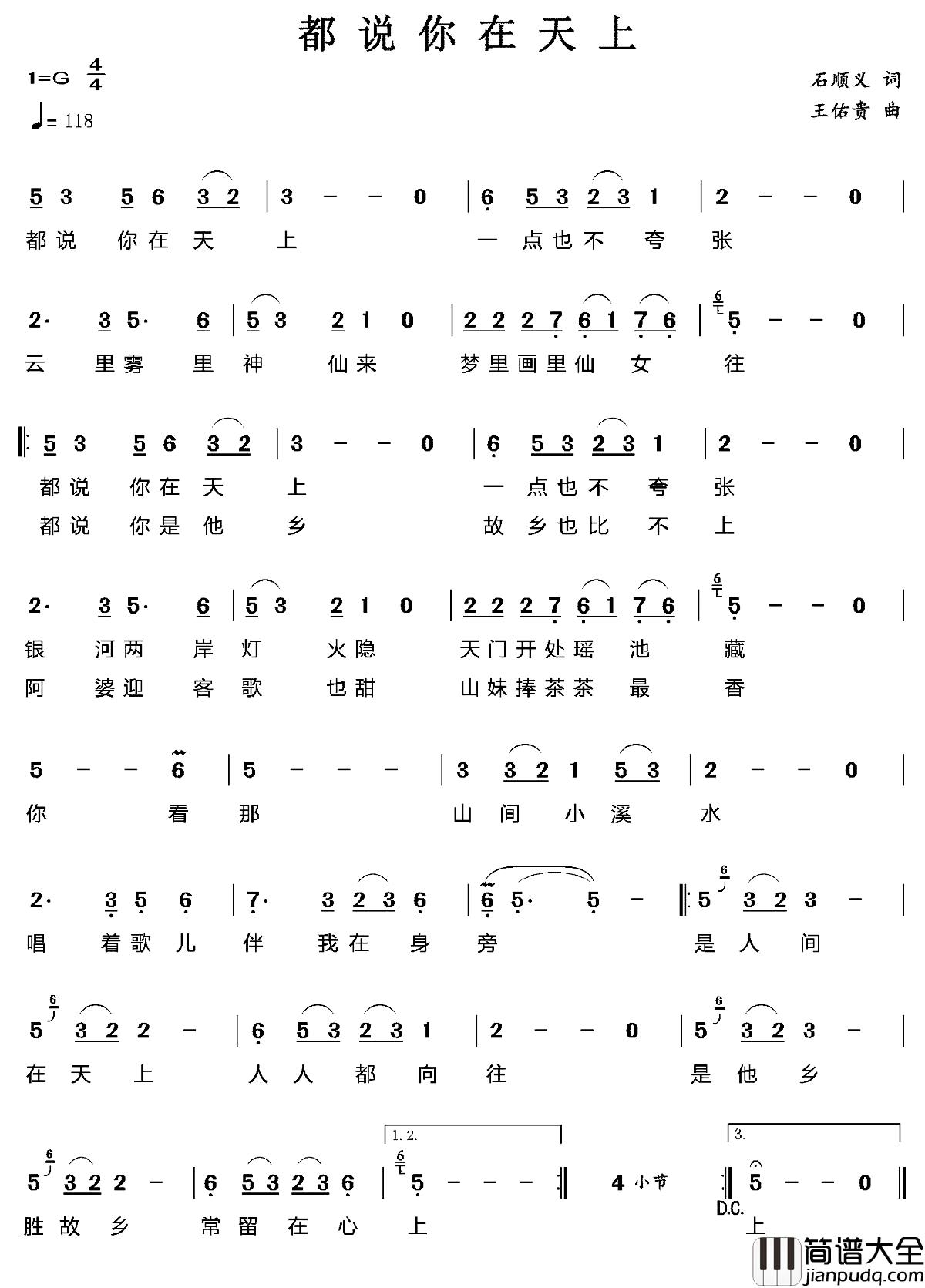 都说你在天上简谱_石顺义词/王佑贵曲