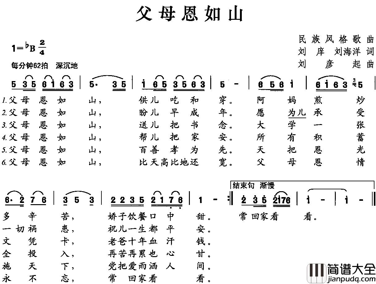 父母恩如山简谱_刘庠_刘海洋词_刘彦起曲