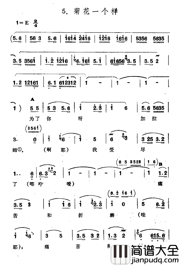 菊花一个样简谱_​新疆伊犁_维吾尔民歌_第一套_​修渠歌_
