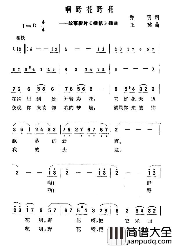 啊野花野花简谱_故事影片_扬帆_插曲