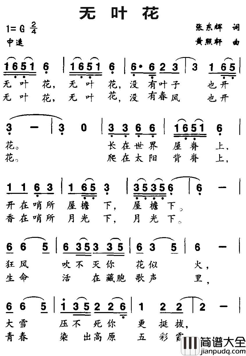 无叶花简谱_张东辉词/黄熙轩曲