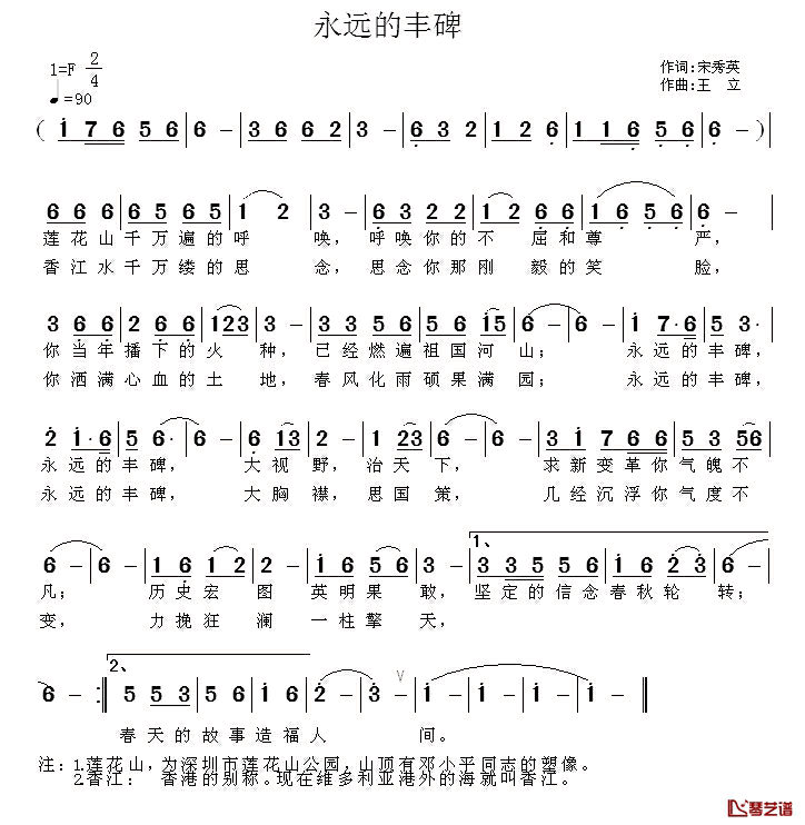 永远的丰碑简谱_宋秀英词_王立曲