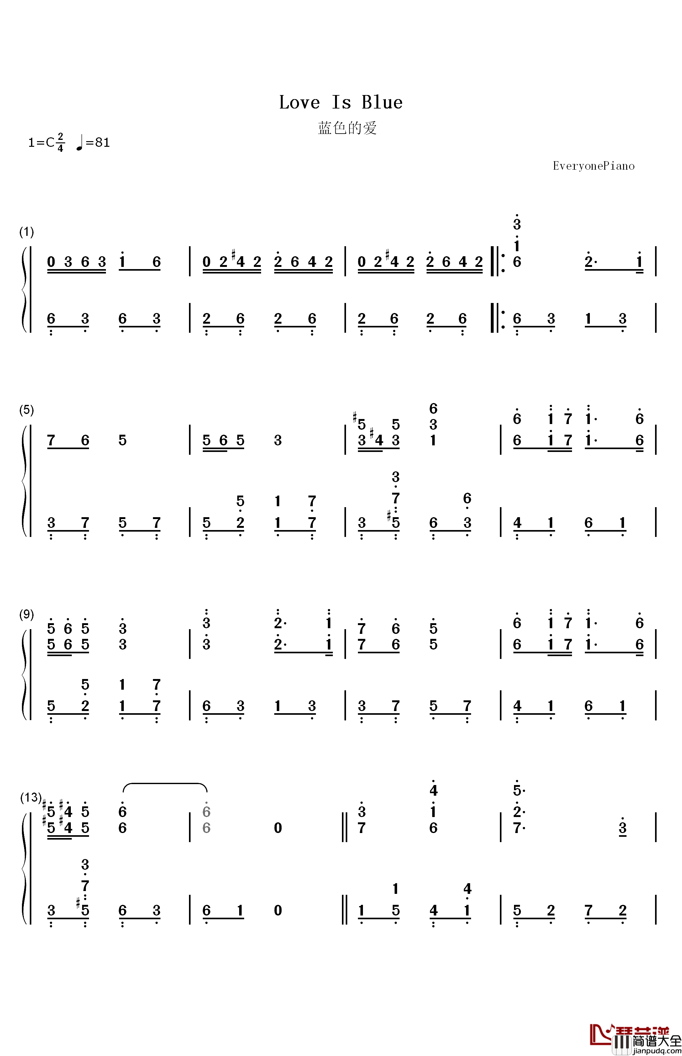 蓝色的爱（LOVE_IS_BLUE）钢琴简谱_数字双手_理查德·克莱德曼