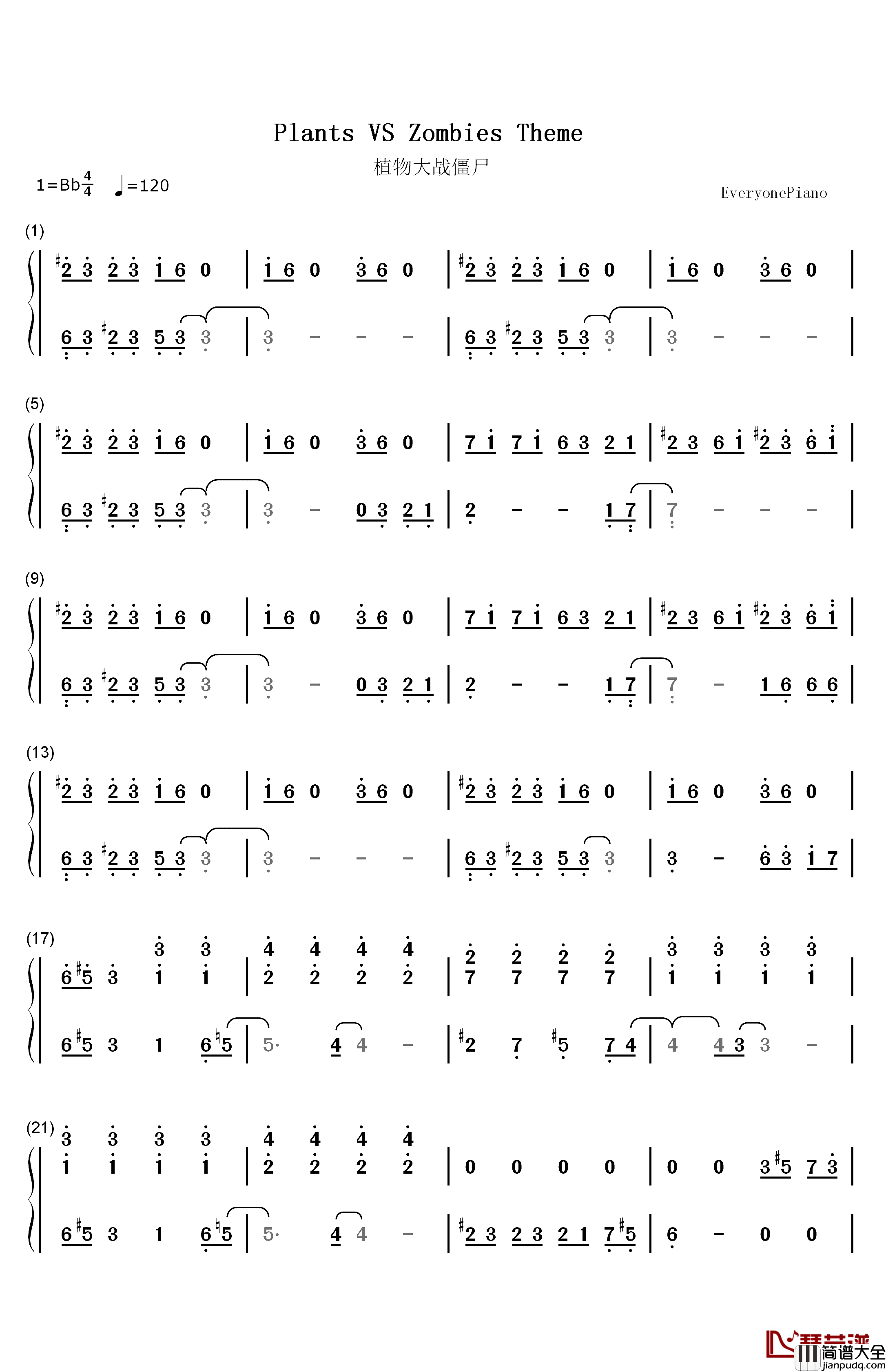 植物大战僵尸背景音乐钢琴版钢琴简谱_数字双手_未知