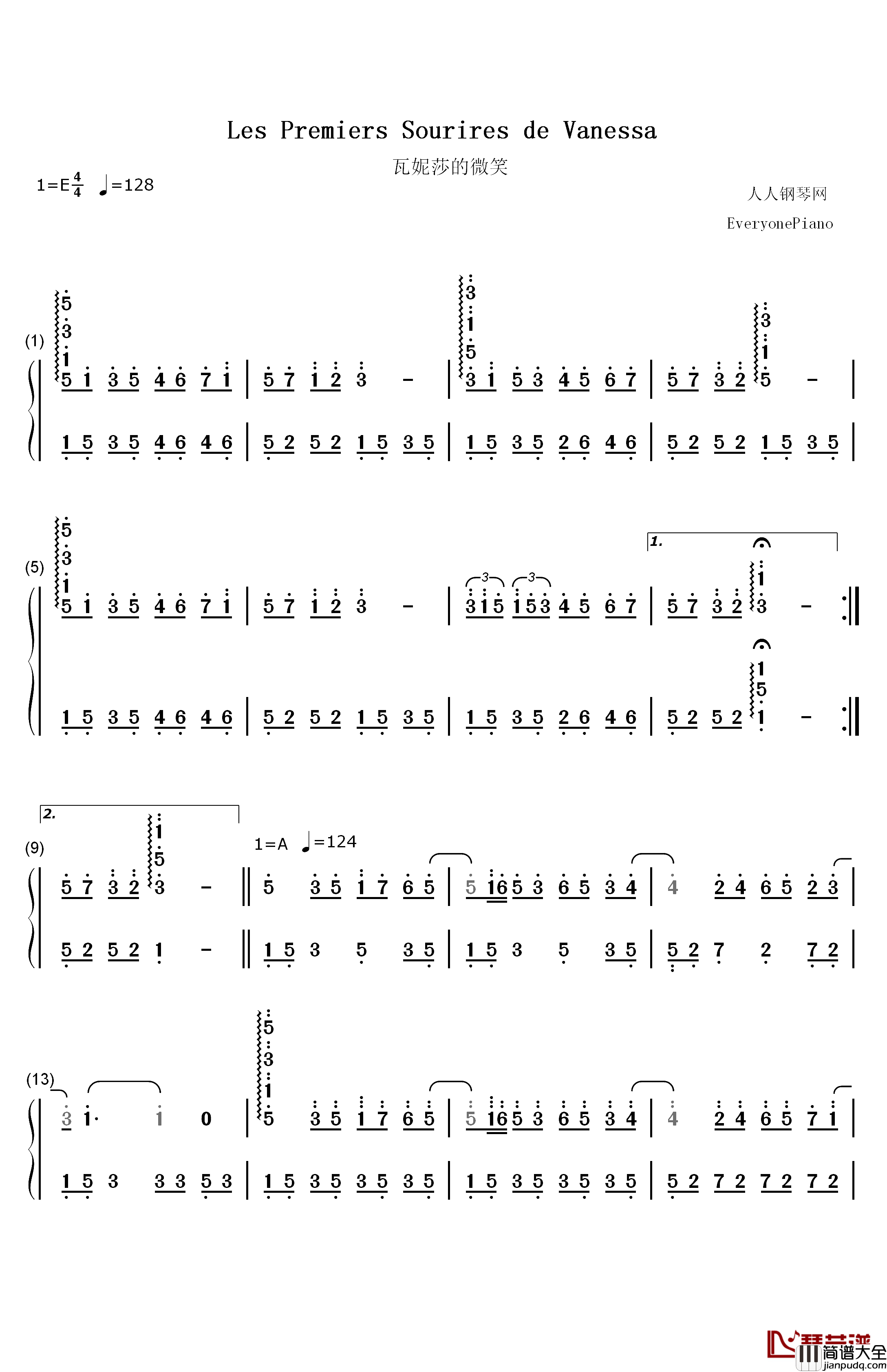 瓦妮莎的微笑钢琴简谱_数字双手_理查德·克莱德曼__Richard_Clayderman