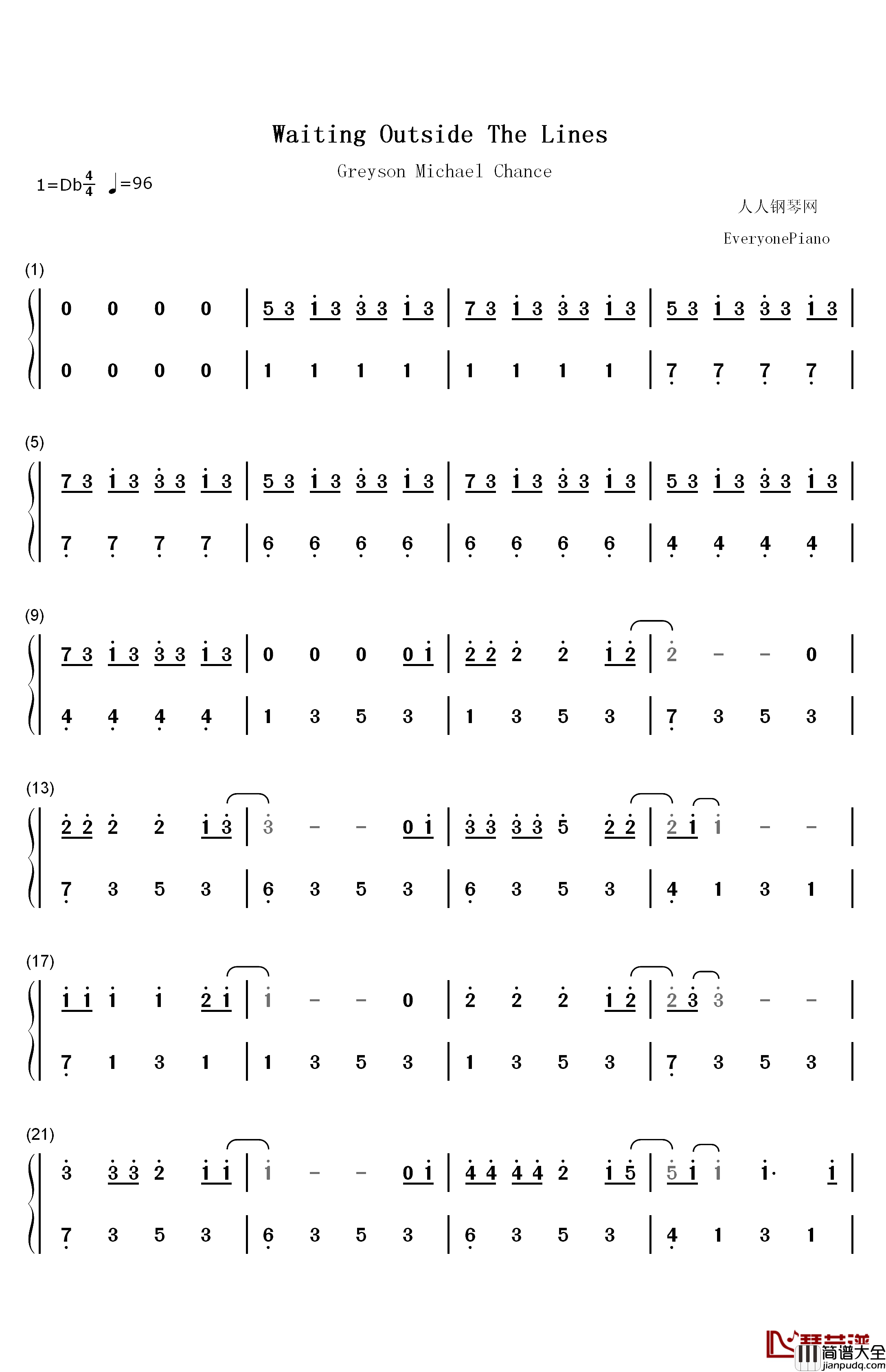 Waiting_Outside_The_Lines钢琴简谱_数字双手_Greyson_Chance__格雷森·蔡斯