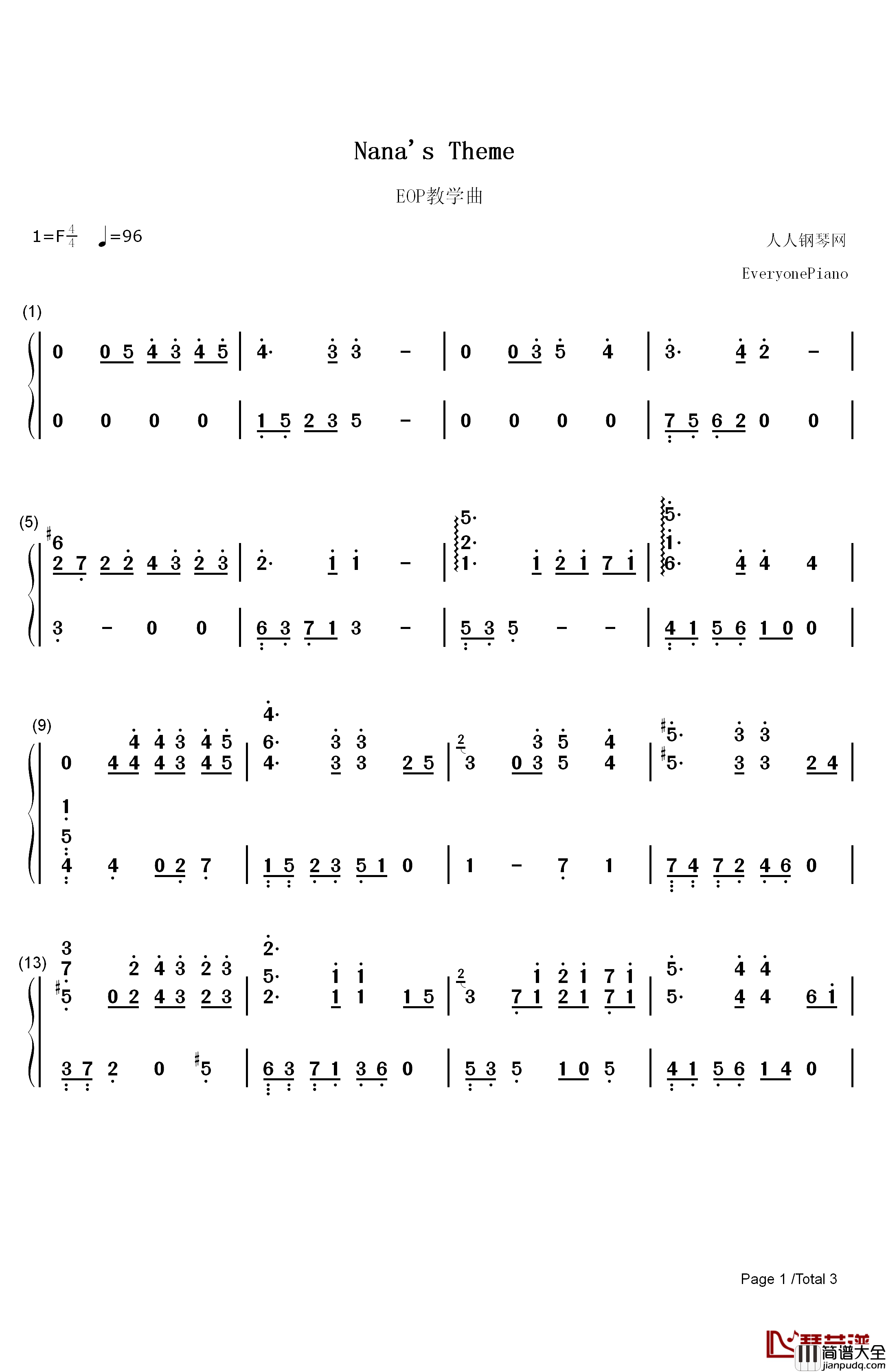 Nana's_Theme钢琴简谱_数字双手_未知